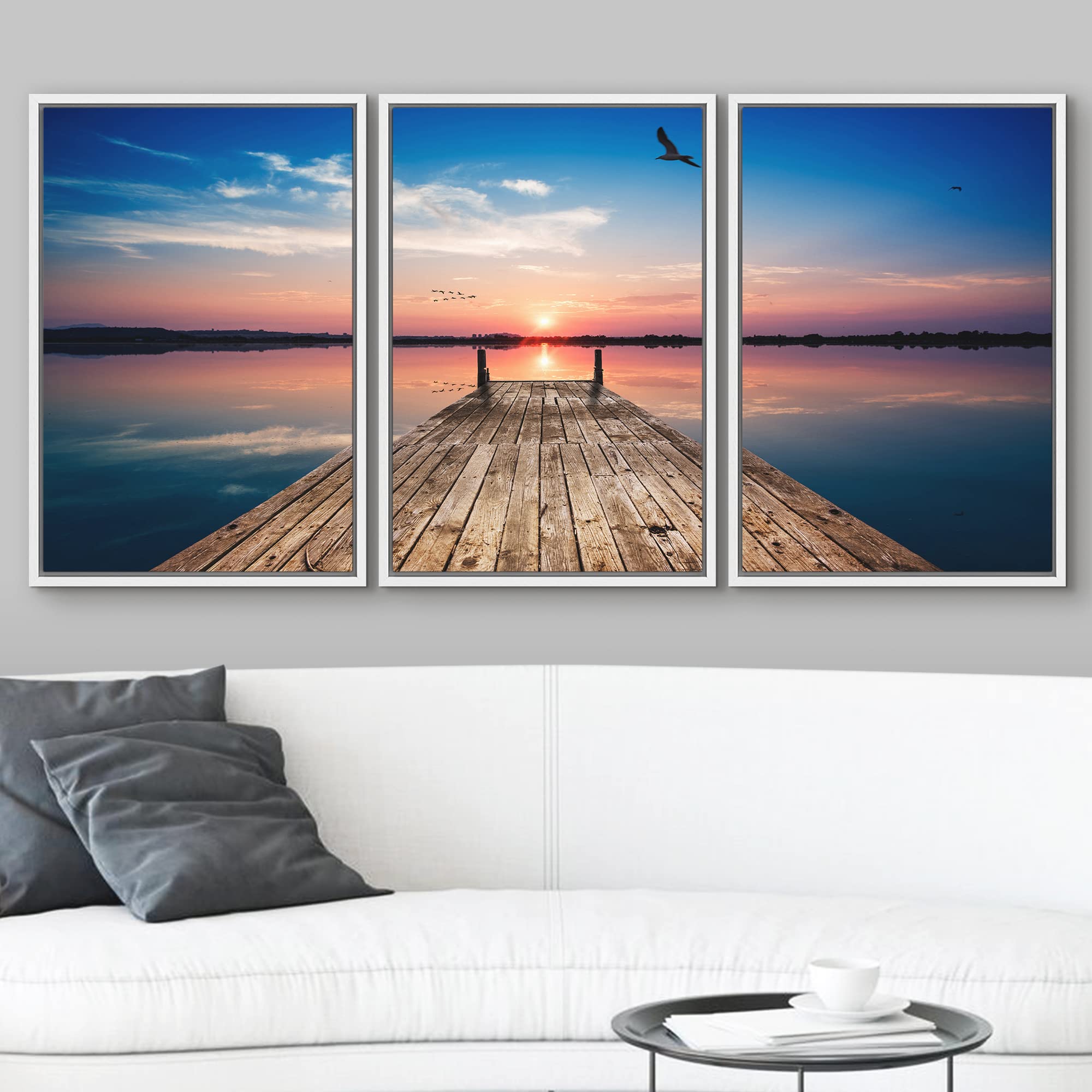 Wall26 Wooden Pier at Sunset Framed Canvas Wall Art - 24x36 Inches, 3-Panel White Modern Painting for Living Room, Bedroom & Office Decor
