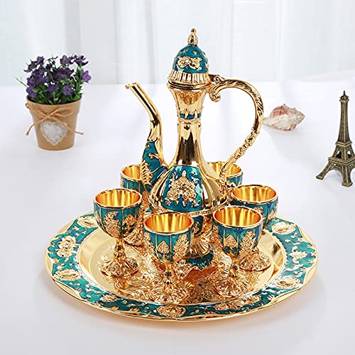 Vintage Turkish Coffee Pot Set with 6 Cups & Tea Tray - Handcrafted Metal Turkish Tea Set for Home, Wedding Gifts & Traditional Coffee Ceremonies - Gold Finish