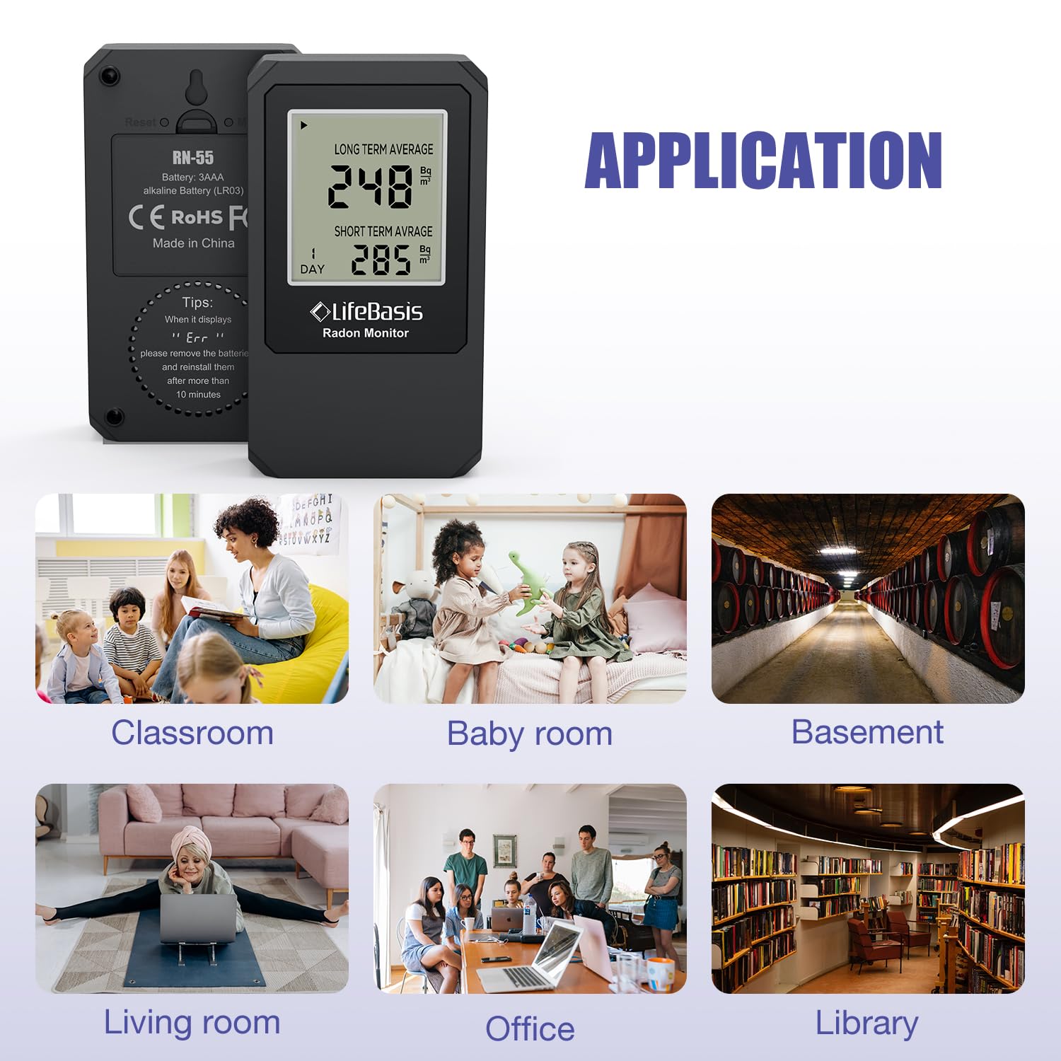 Life Basis Radon Detector for Home - Portable Radon Tester with Large Screen, Long & Short Term Monitoring, Battery Operated (Canadian Version in Bq/m) - Black | Ideal for Basement, Bedroom & Office Air Quality Testing