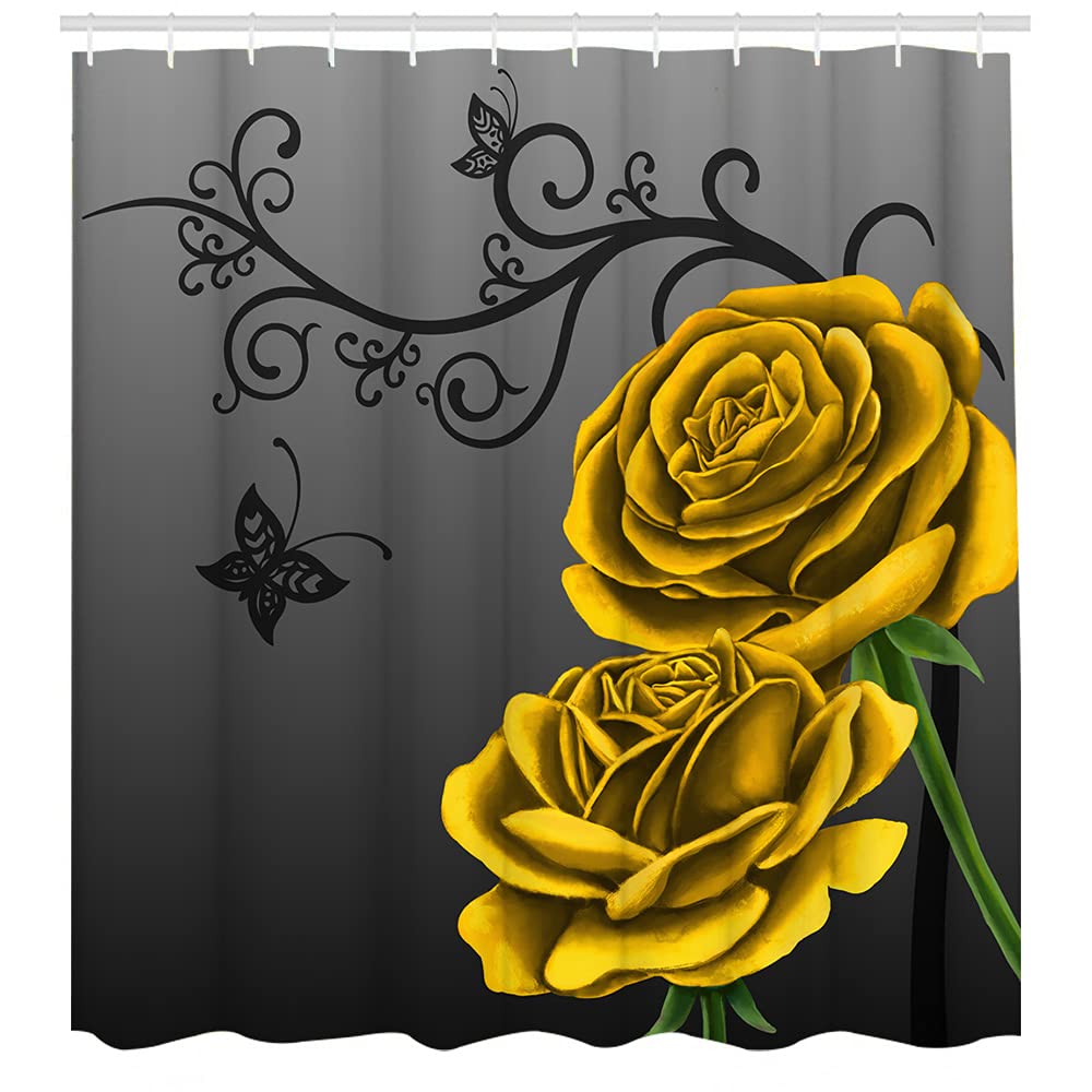 Vintage Grey Shower Curtain with Yellow Rose & Butterfly Floral Design - 72x72 Inch Polyester Bathroom Decor Set with Hooks - Perfect for Romantic, Vintage, or Cottage Style Bathrooms