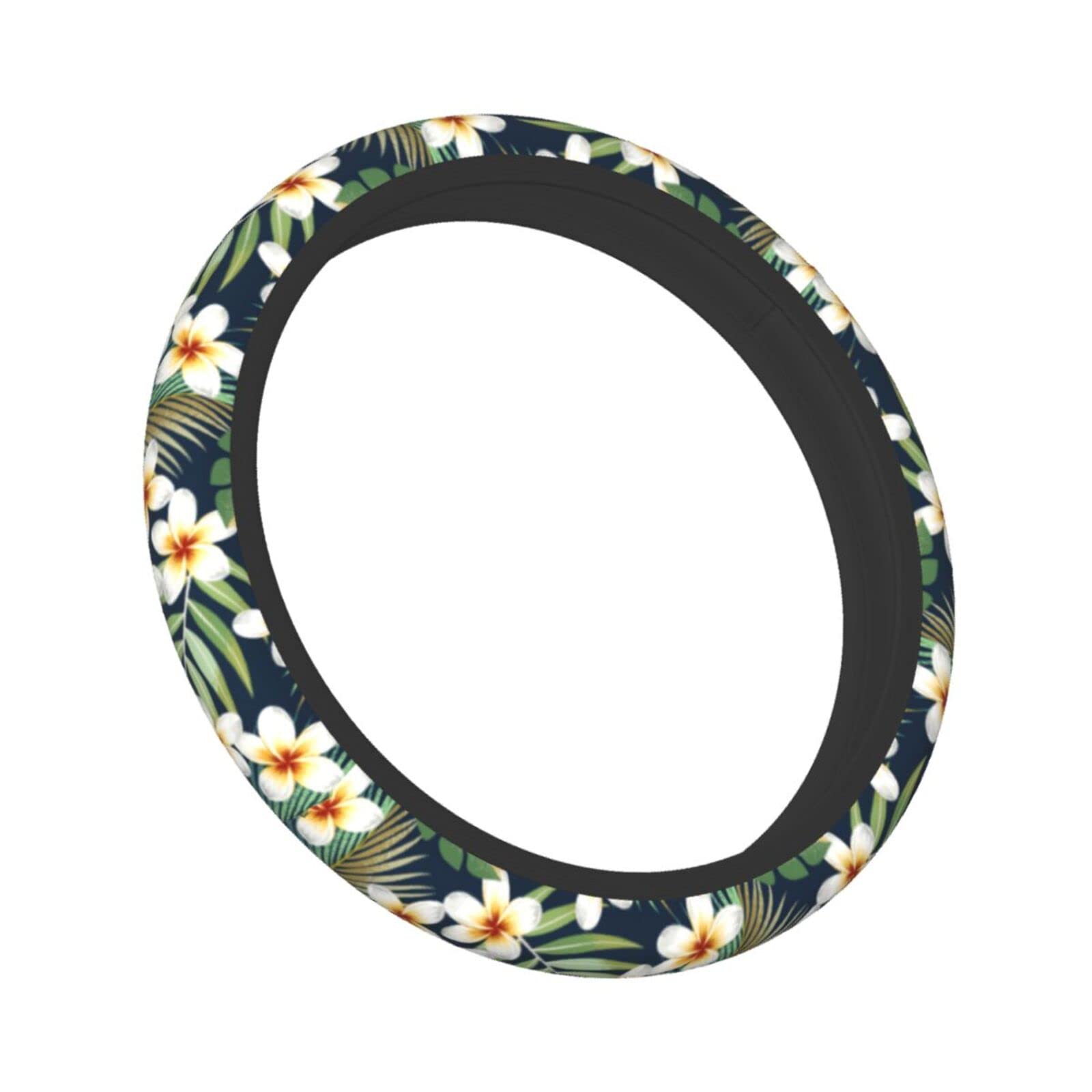 Exotic Tropical Flowers & Leaves Hawaiian Print Neoprene Steering Wheel Cover - Universal 15 Inch Car Wheel Protector - Cute Automotive Accessories for Summer Road Trips & Beach Driving