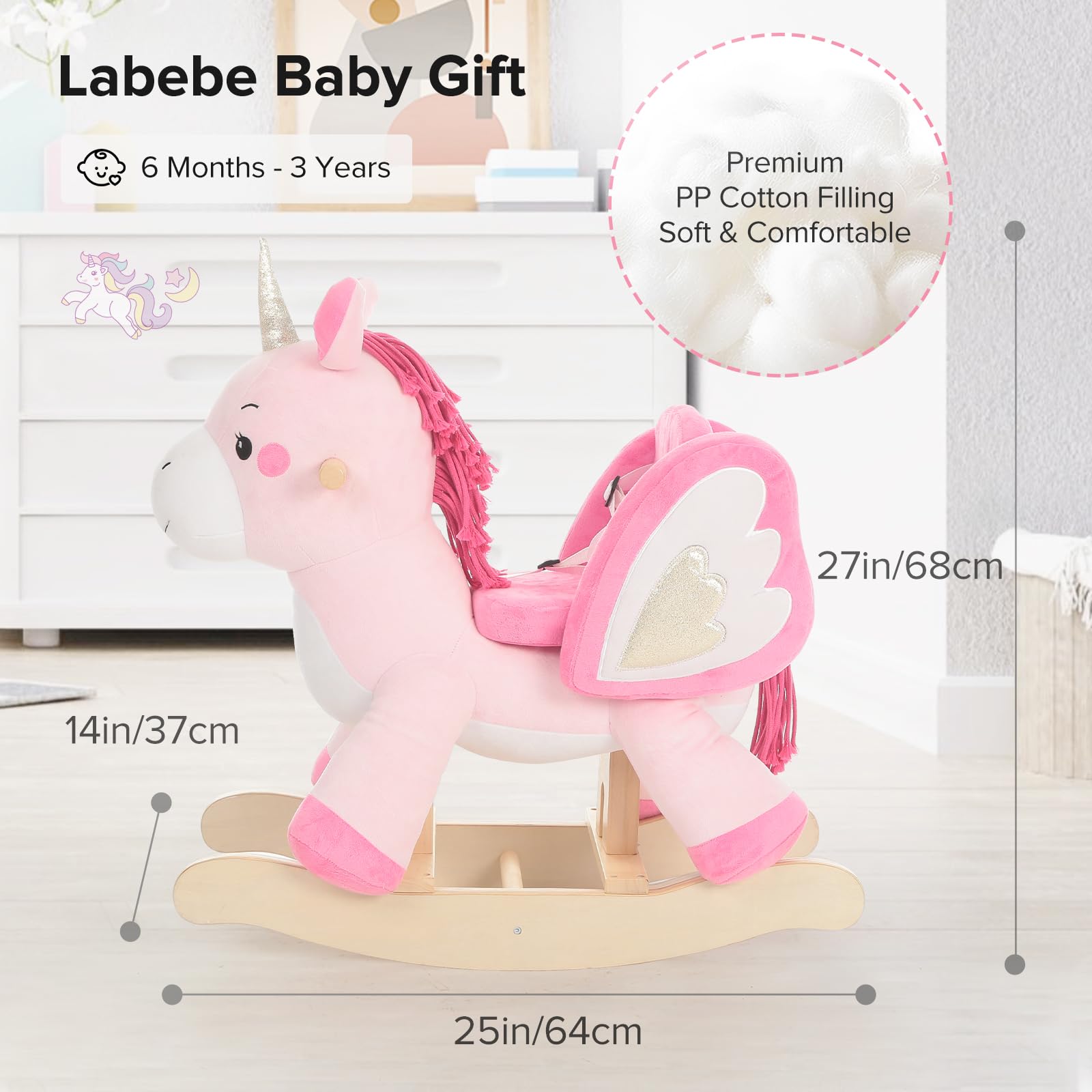 Labebe Baby Rocking Horse - Plush Unicorn Ride-On Toy for Infants 6 Months to 3 Years | Soft Animal Rocker for Toddlers (Pink) | Perfect for Playtime, Nursery Decor & First Birthday Gifts