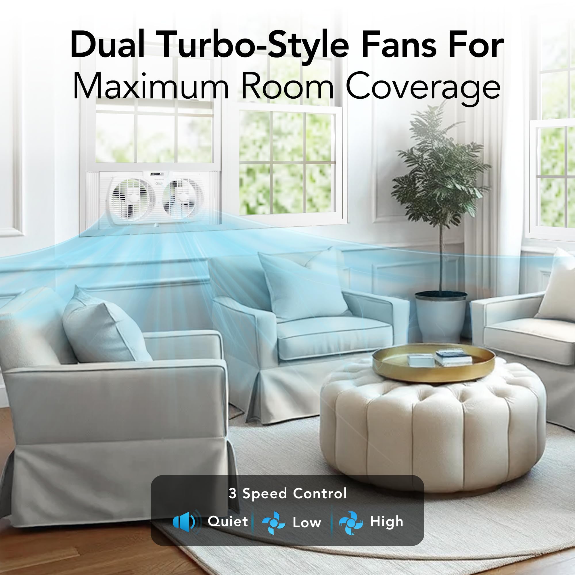 9 Inch 3 Speed Dual Window Fan with Auto-Locking Expanders - Quiet Bedroom Cooling Fan with Removable Bug Screen - White - Perfect for Home, Office & Dorm Room Ventilation