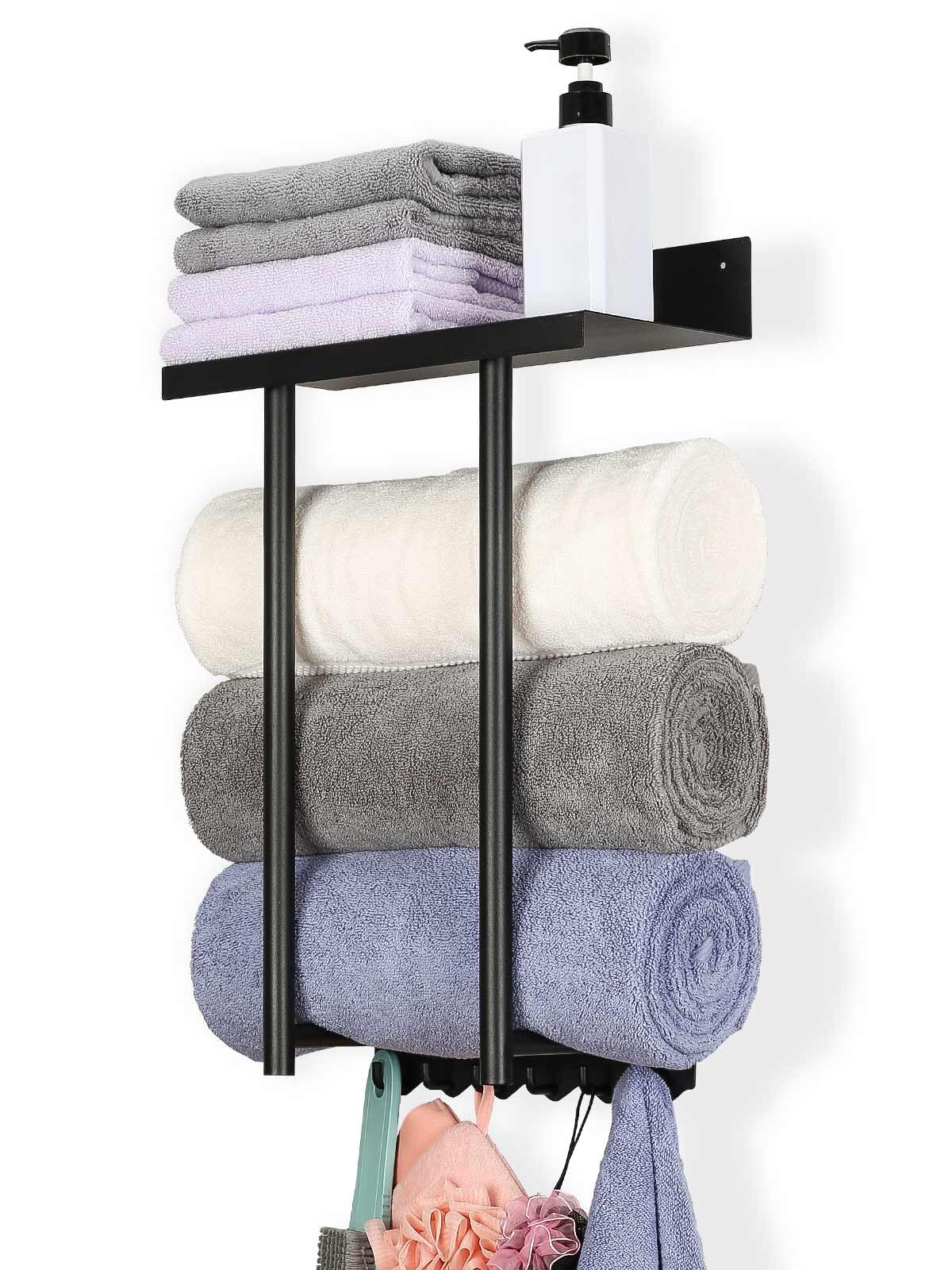 Stainless Steel Wall Mounted Towel Rack - Black Metal Bathroom Towel Holder with Shower Hooks for Rolled Towels & Blankets Storage | Space-Saving Bathroom Organizer for Home & Spa Use