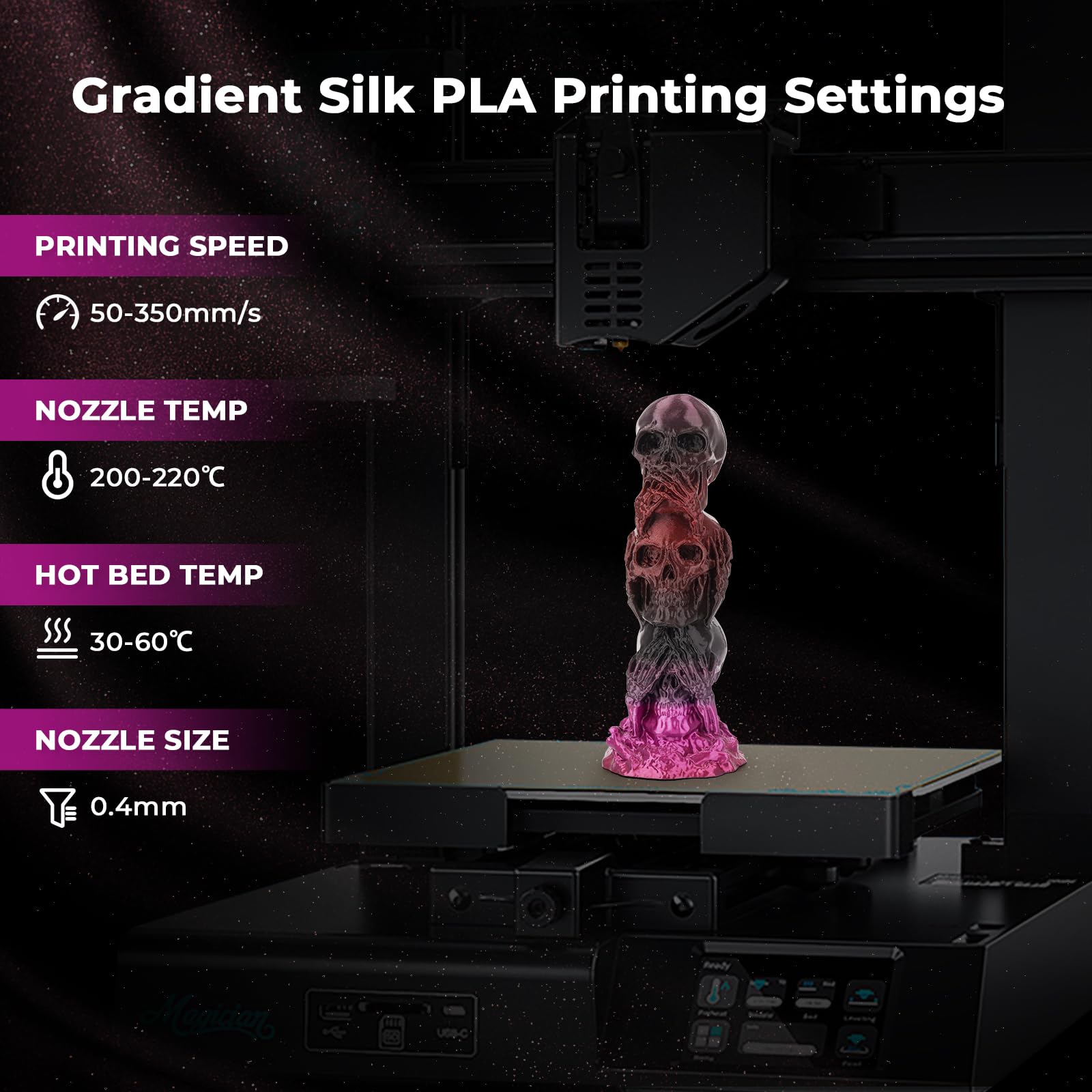 AMOLEN PLA 3D Printing Filament 1.75mm - Silk Shiny Gradient Filament (Black, Purple, Red, Fuchsia) 1KG/2.2lb - High Quality PLA Filament for 3D Printer & 3D Pen - Perfect for DIY Crafts, Cosplay Props, Home Decor & Educational Projects