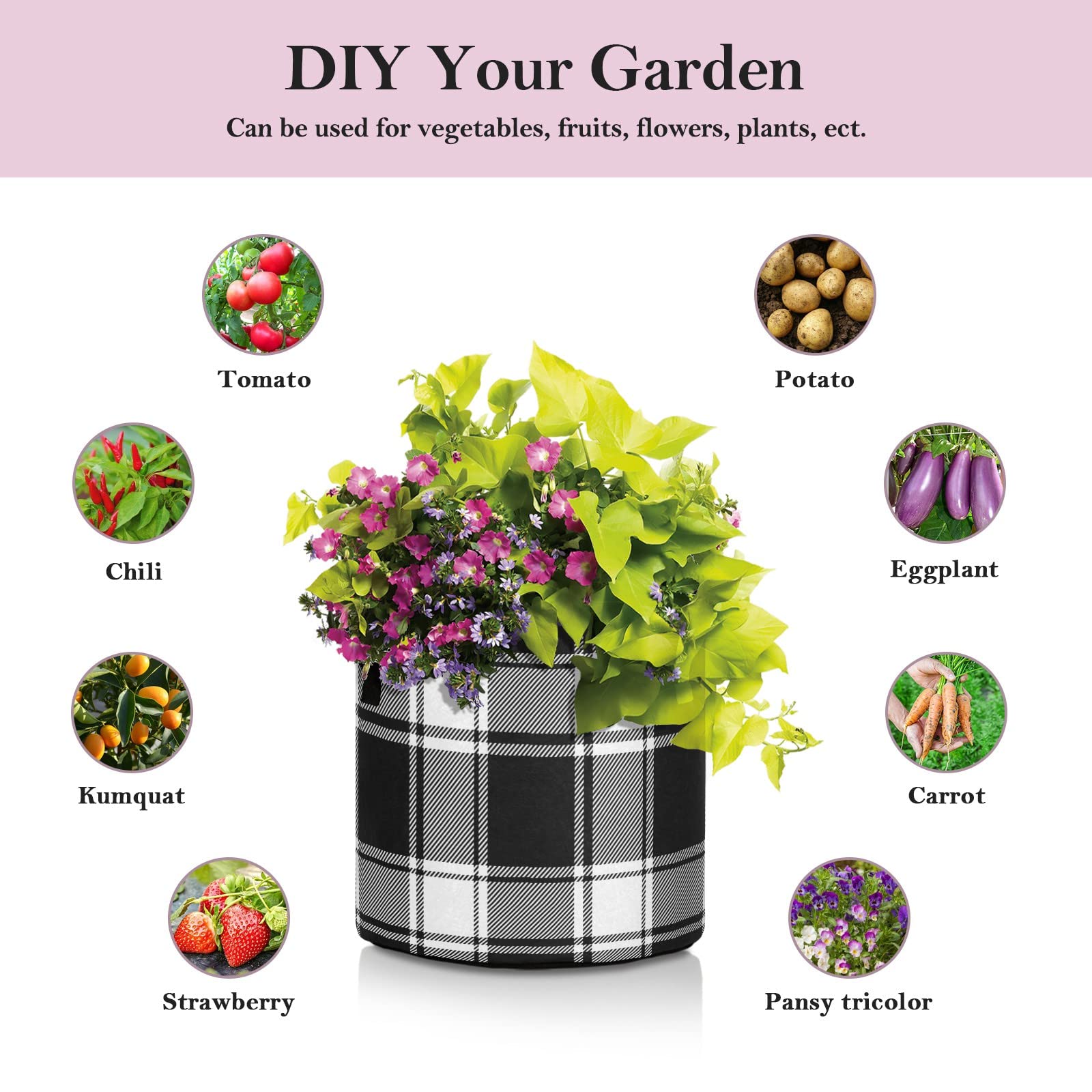 3 Gallon Grow Bags with Handles - Heavy Duty Aeration Fabric Pots for Plants, Thickened Felt Plant Containers, Farmhouse Black and White Buffalo Check Plaid - Perfect for Indoor/Outdoor Gardening, Vegetables, Flowers & Herbs