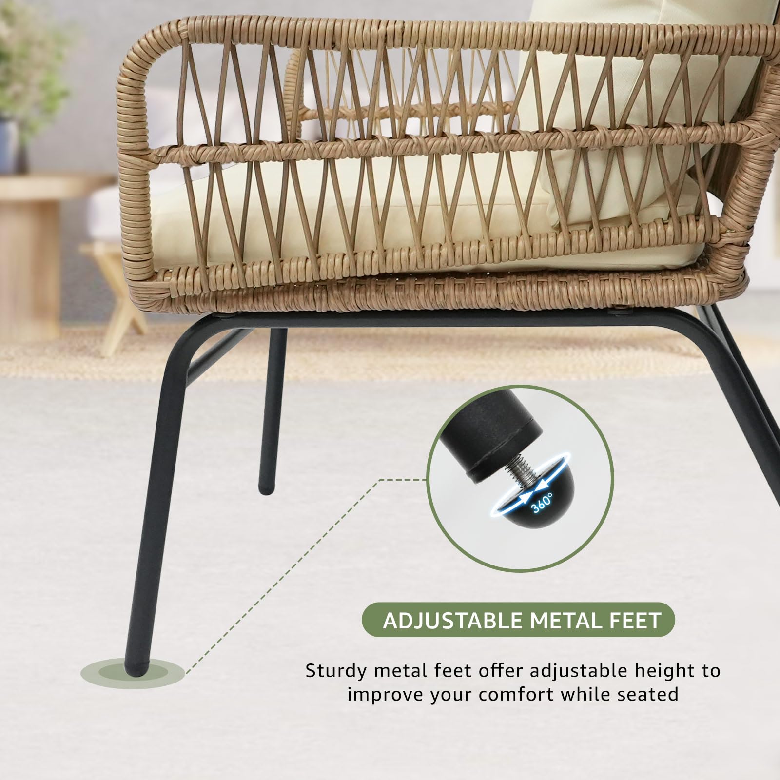 BULEXYARD 3-Piece Boho Outdoor Patio Furniture Set with Round Coffee Table - Natural Wicker Conversation Chairs with Beige Cushions for Backyard, Porch, Balcony & Deck | Perfect for Relaxing, Entertaining & Outdoor Gatherings