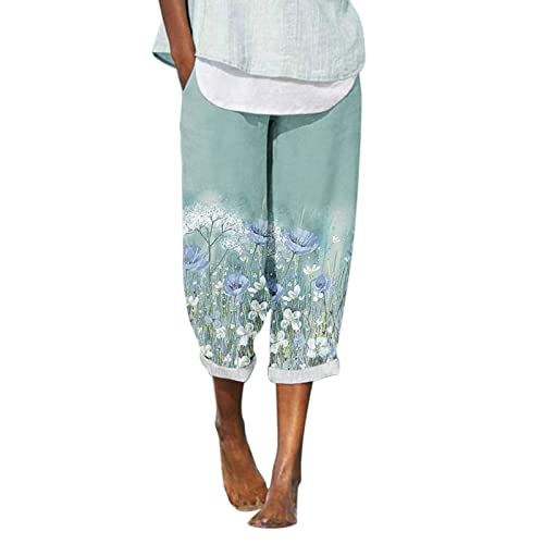 Quealent Women's Cropped Linen Pants - Baggy Wide Leg Harem Trousers with Elastic Waist & Patchwork Design | Casual Summer Pants for Beach, Yoga & Boho Style Outfits