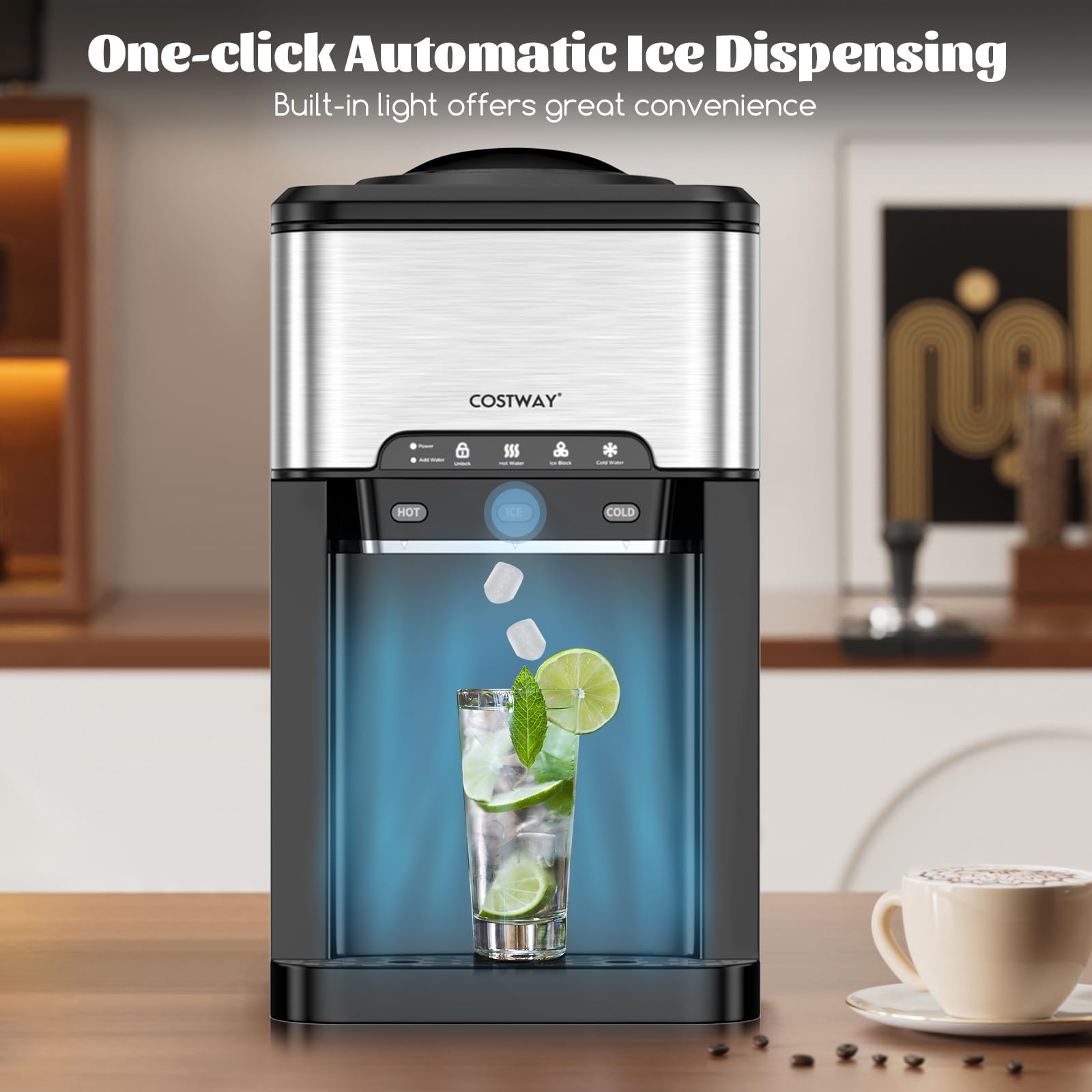 COSTWAY 3-in-1 Countertop Water Dispenser with Ice Maker | Hot & Cold Water Cooler with Child Safety Lock | 12 Ice Cubes Capacity | 2 Water Filling Options | Portable for Home, Kitchen, Office | Perfect for Entertaining, Daily Hydration & Workspace Refreshments