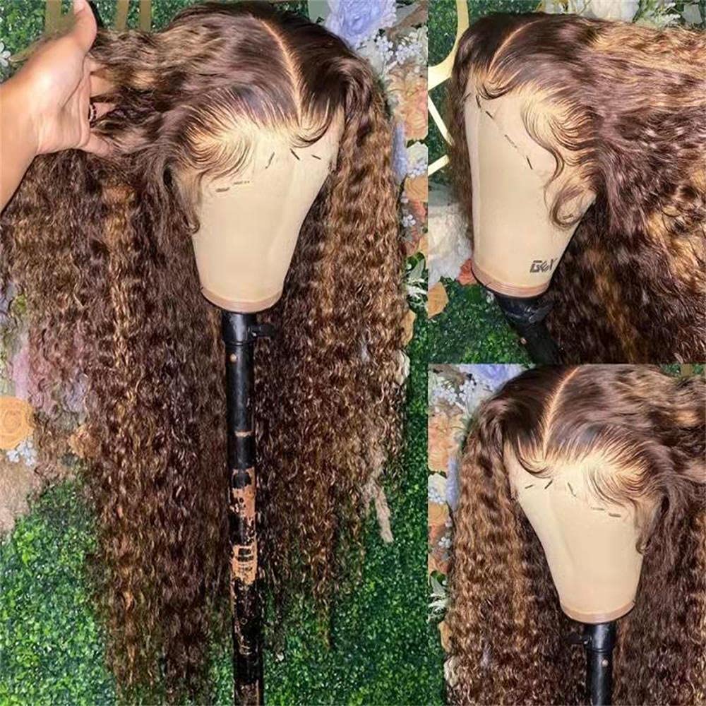13x4 Transparent Lace Front Human Hair Wig - 28 Inch Ombre Honey Blonde to Brown Deep Curly Brazilian Virgin Hair - Pre Plucked 150 Density Lace Front Wig for Black Women | Perfect for Daily Wear, Parties & Special Occasions