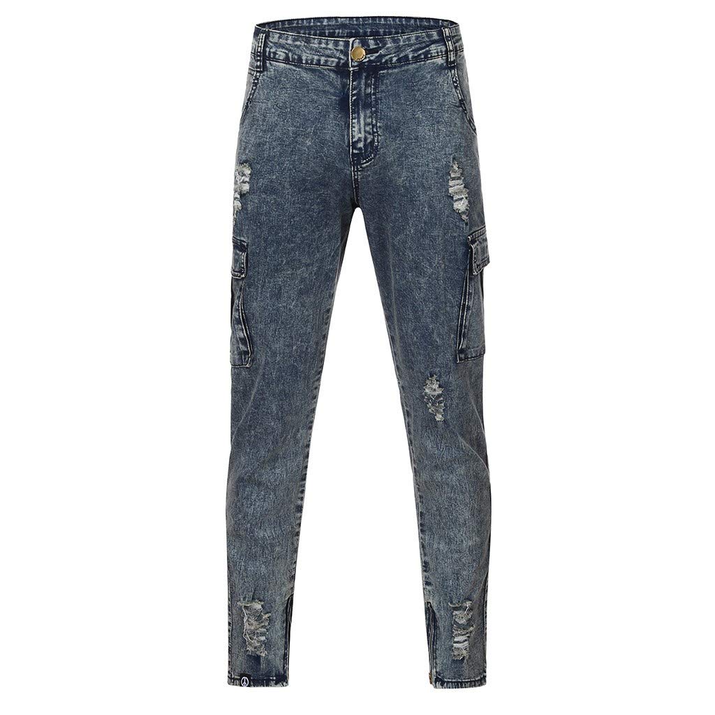 Vintage Striped Zipper Denim Jeans for Men - Skinny Stretch Work Pants with Hole Details & Straight Leg Fit | Casual Wear, Street Style, Office Outfits