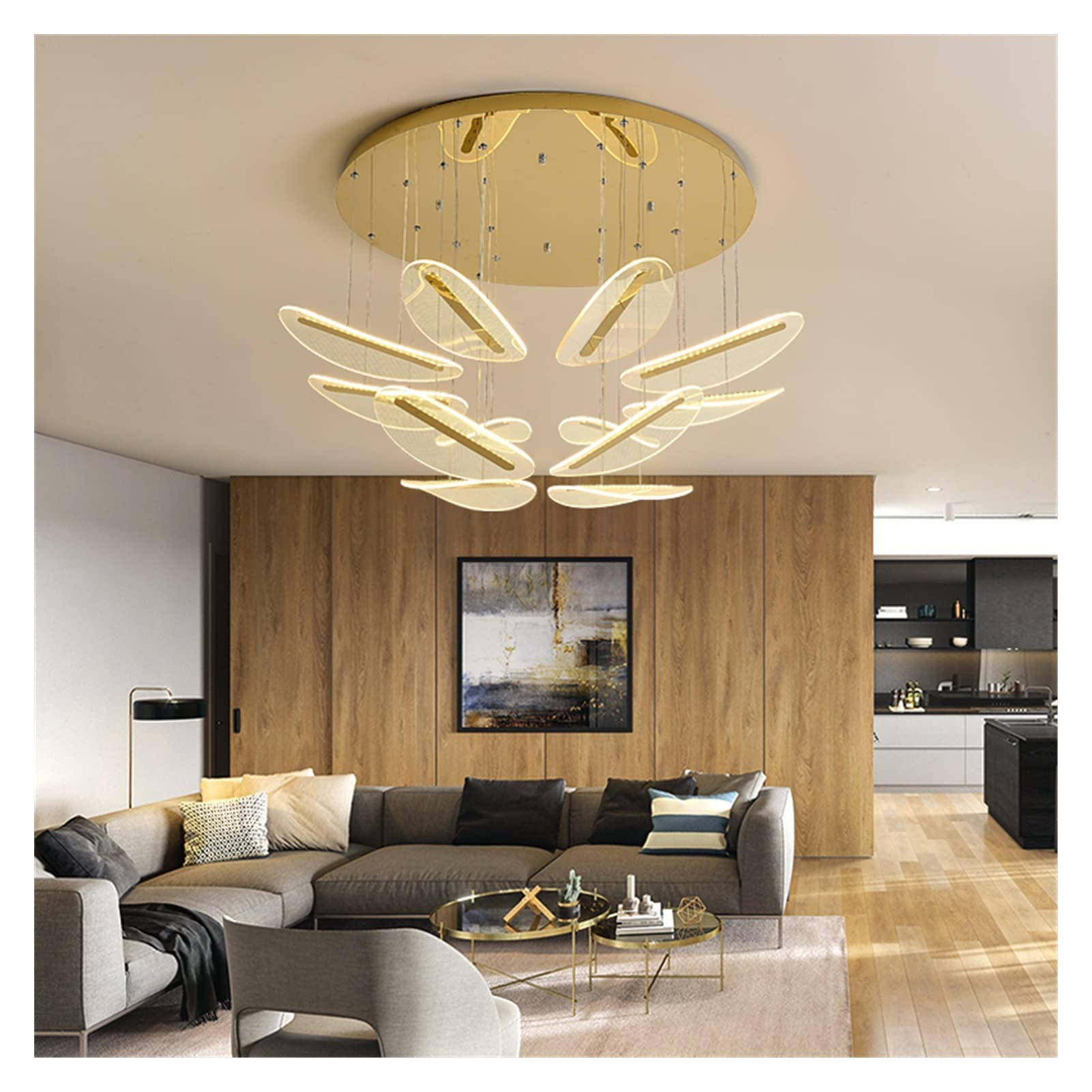 Modern LED Chandelier Lamp - Golden Multi-Head Acrylic Lampshade for Living Room, Dining Room, Bedroom & Hallway | Energy-Efficient Lighting for Homes, Duplex Villas & Luxury Spaces