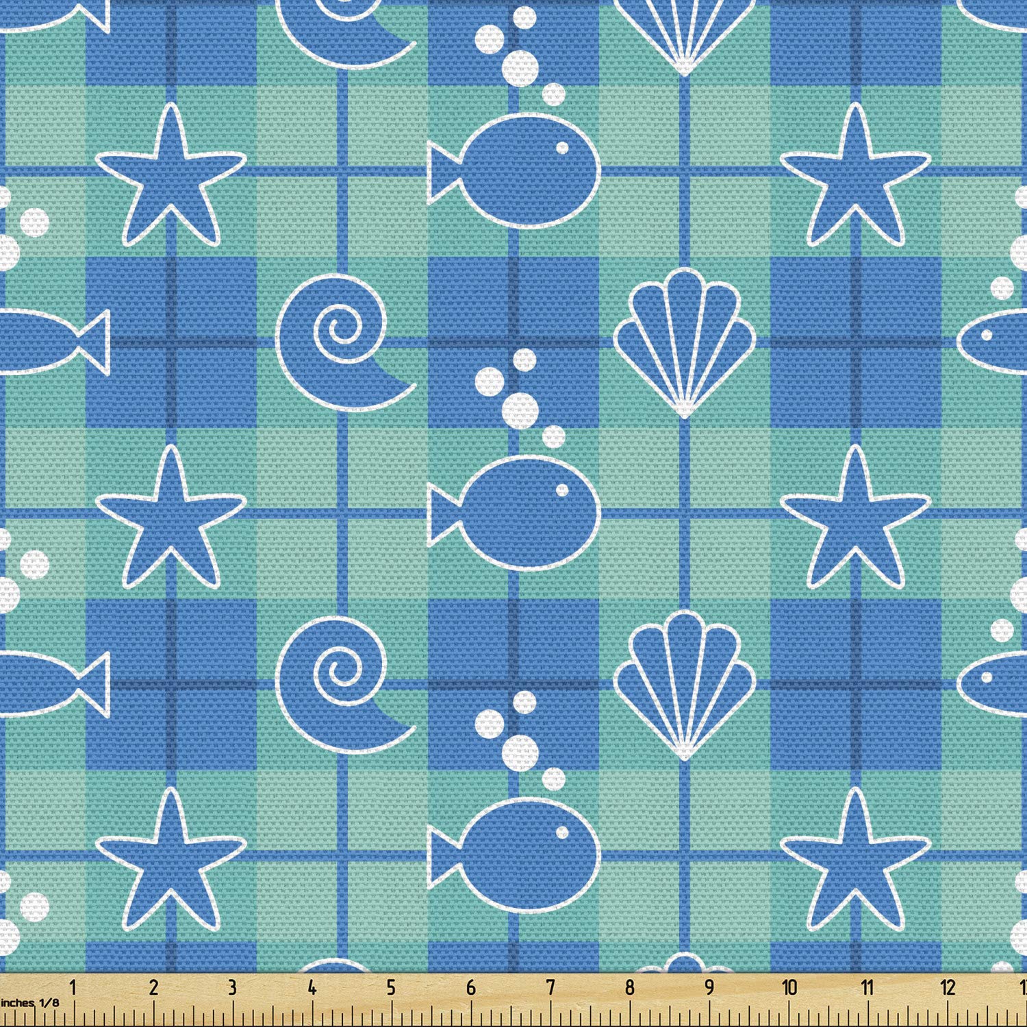 Ambesonne Sea Shells Fabric by The Yard - Plaid Pattern with Cartoon Marine Silhouettes, Fish, Starfish & Bubbles - Decorative Upholstery Fabric for Sofa, Curtains & Home Decor (5 Yards, Mint Green Blue White) - Perfect for Coastal Themed Bedrooms, Beach House Decor & DIY Craft Projects