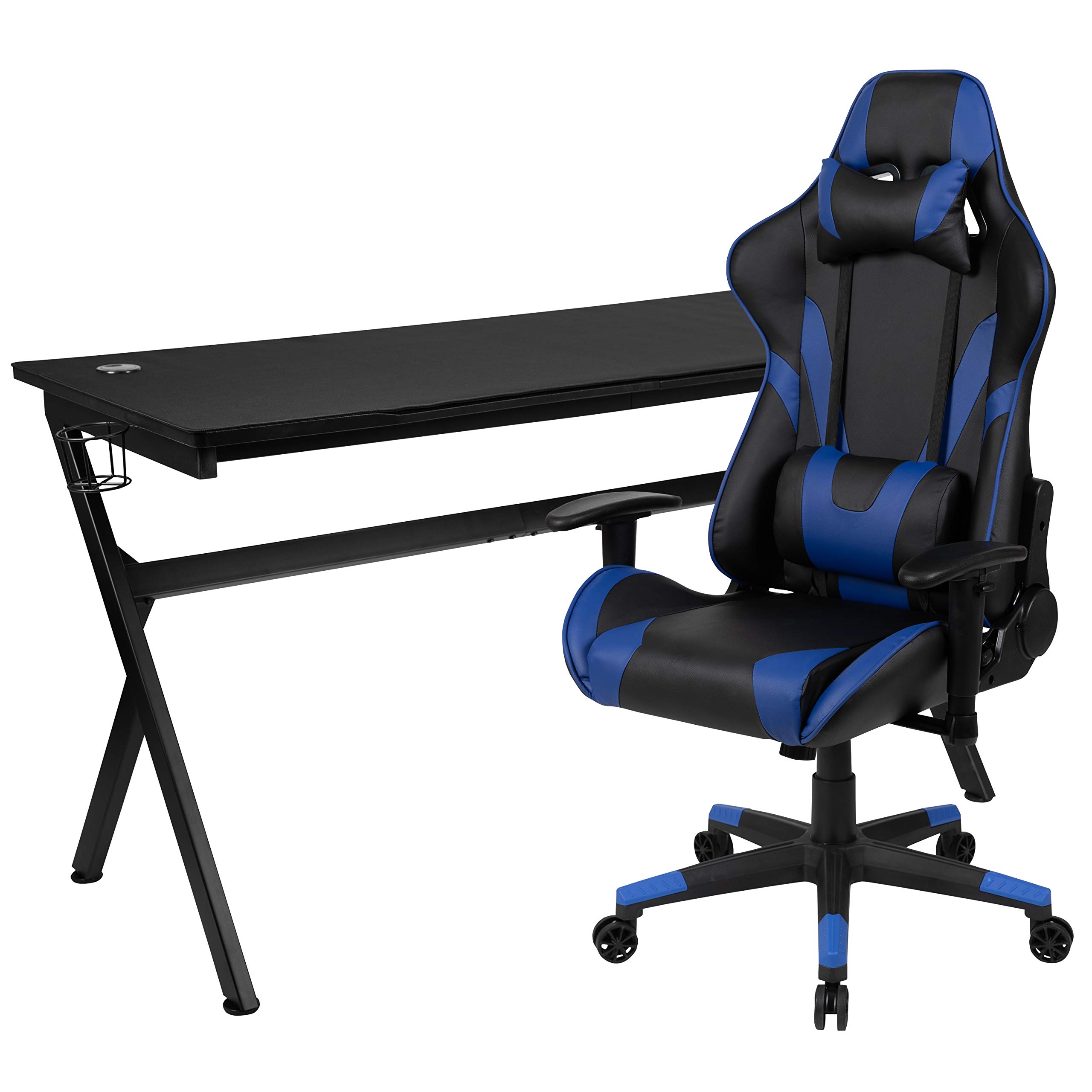 Ergonomic Gaming Desk & Reclining Gaming Chair Set with Cup Holder, Headphone Hook & Removable Mouse Pad - Blue/Black - Perfect for PC Gaming Setup, Streaming & Home Office