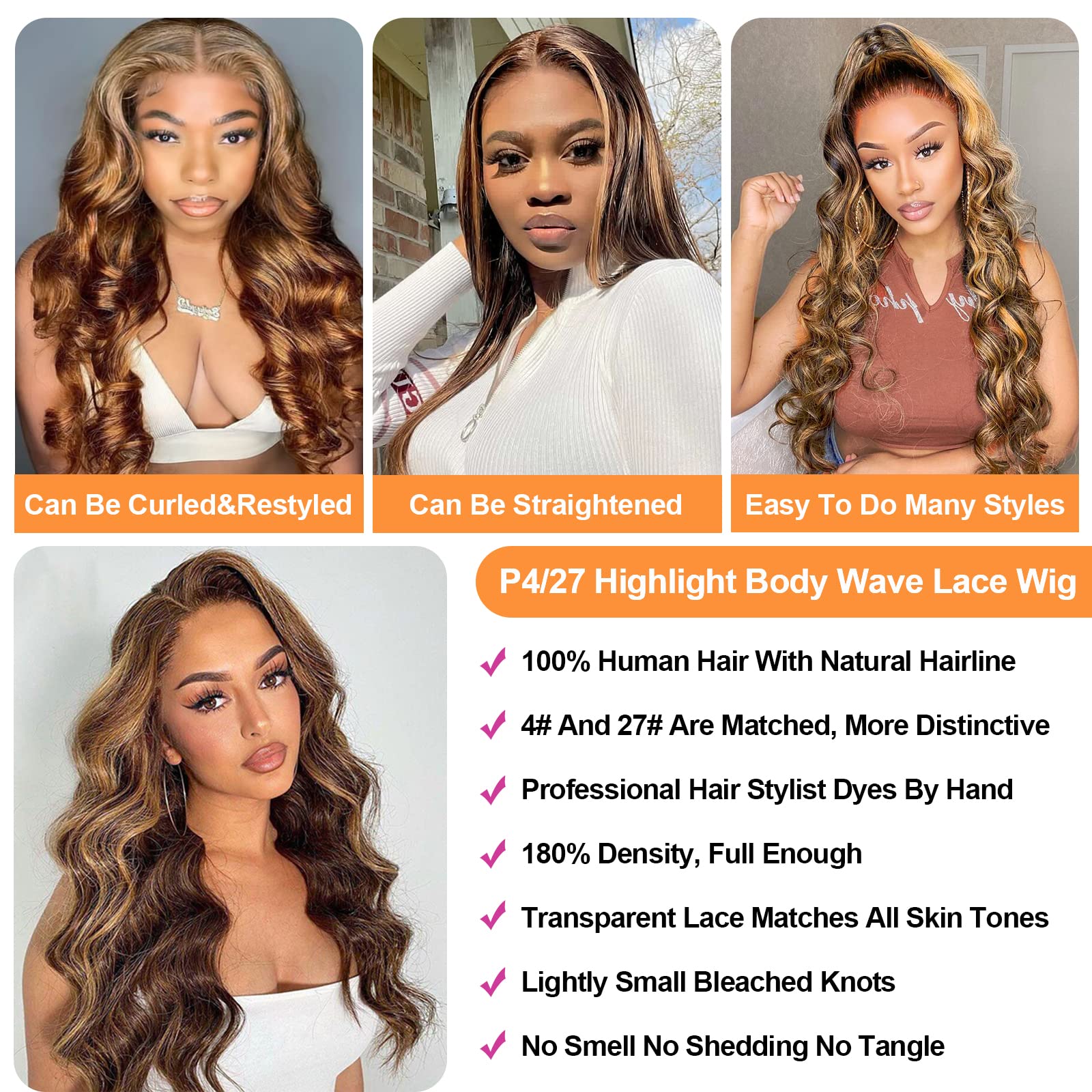 Ombre Lace Front Wig Human Hair 150% Density 13x4 HD Transparent Honey Blonde Body Wave Glueless Wig 24 Inches - Perfect for Daily Wear, Cosplay, and Special Occasions