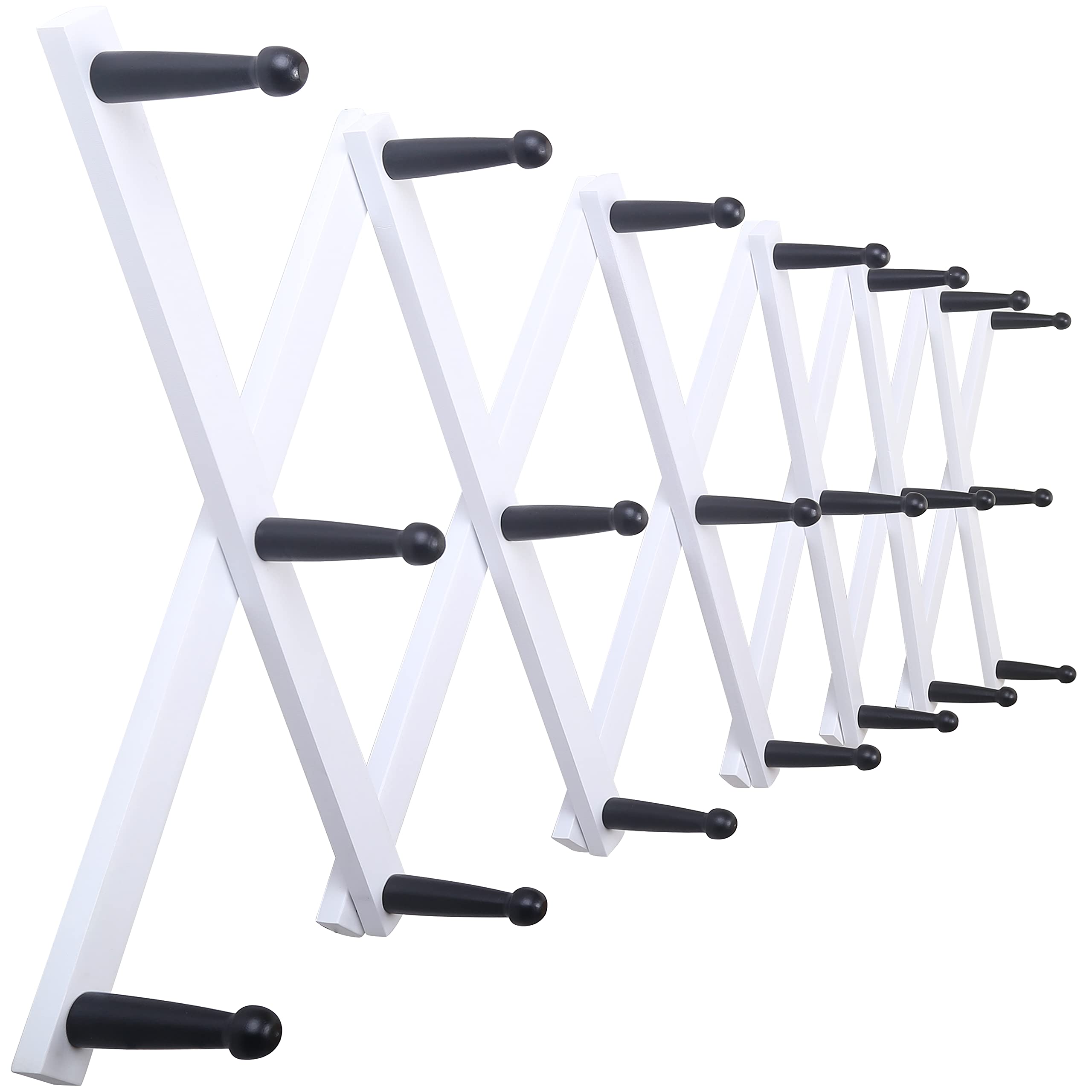 SKOLOO 20-Peg Expandable Wall Mounted Coat Rack - Solid Wood Modern Accordion Hanger for Hats, Jackets & Accessories - Black & White Finish - Perfect for Entryway, Bedroom & Closet Organization