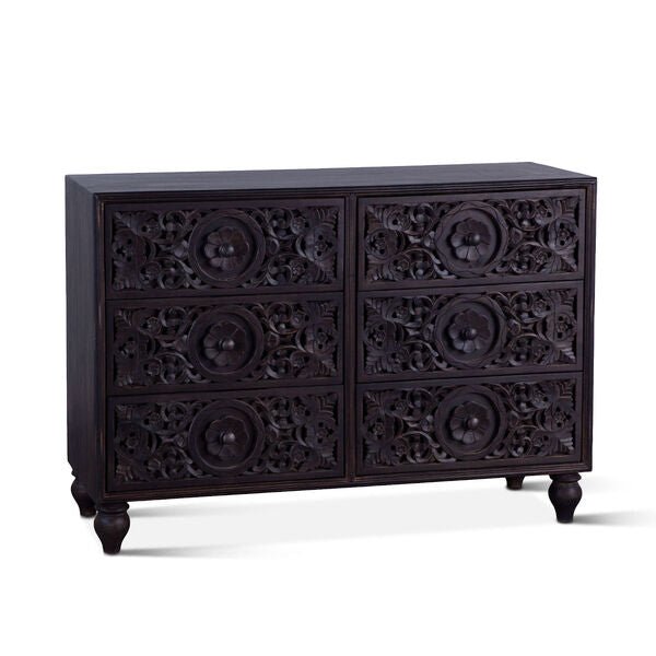 Hand Carved Solid Wood 6-Drawer Dresser - Premium Indian Wooden Bedroom Furniture for Master Bedroom & Guest Room Storage