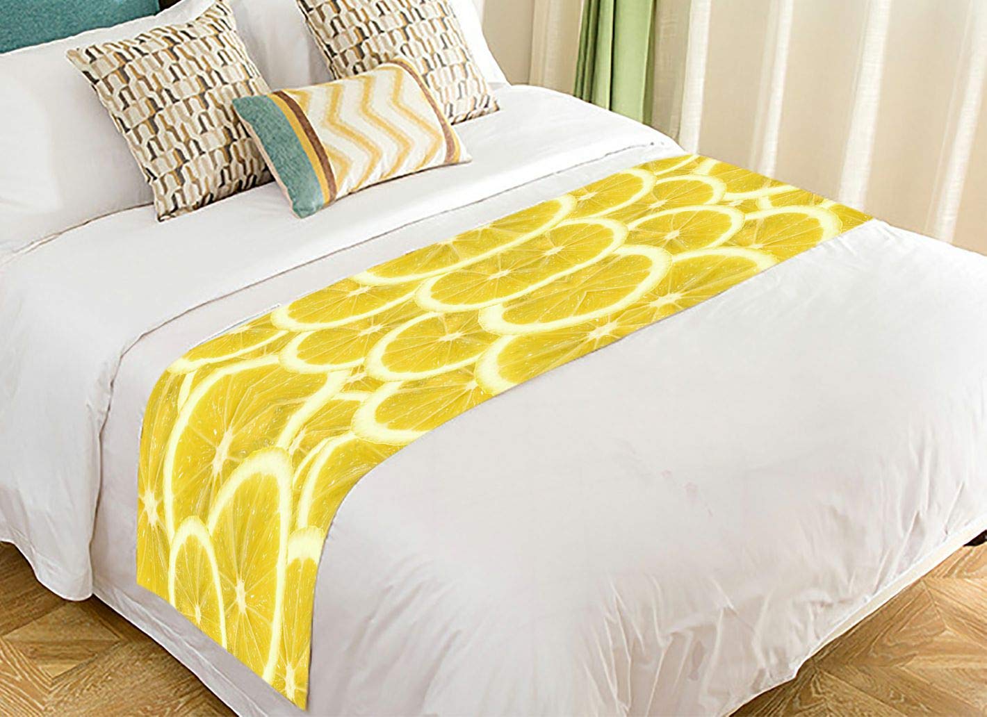 Fresh Yellow Lemon Print Bed Runner Scarf - 20x95 Inch Decorative Bedding Accent for Farmhouse, Boho & Coastal Home Decor - Perfect for Bed, Sofa & Table Dressings
