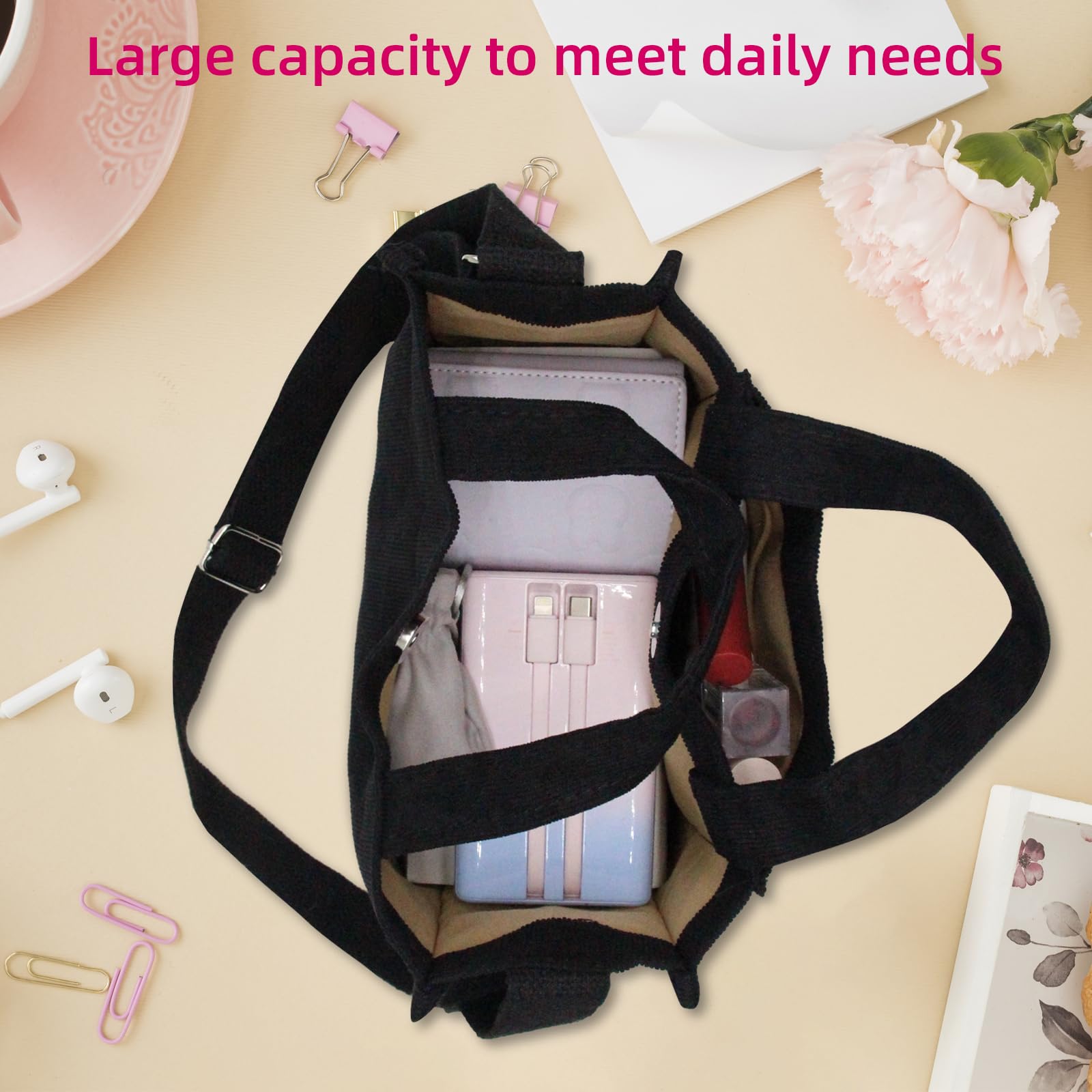 Women's Corduroy Tote Bag - Adjustable Crossbody Shoulder Bag for Women, Small Travel Handbag Purse for School, Work, Shopping & Daily Use