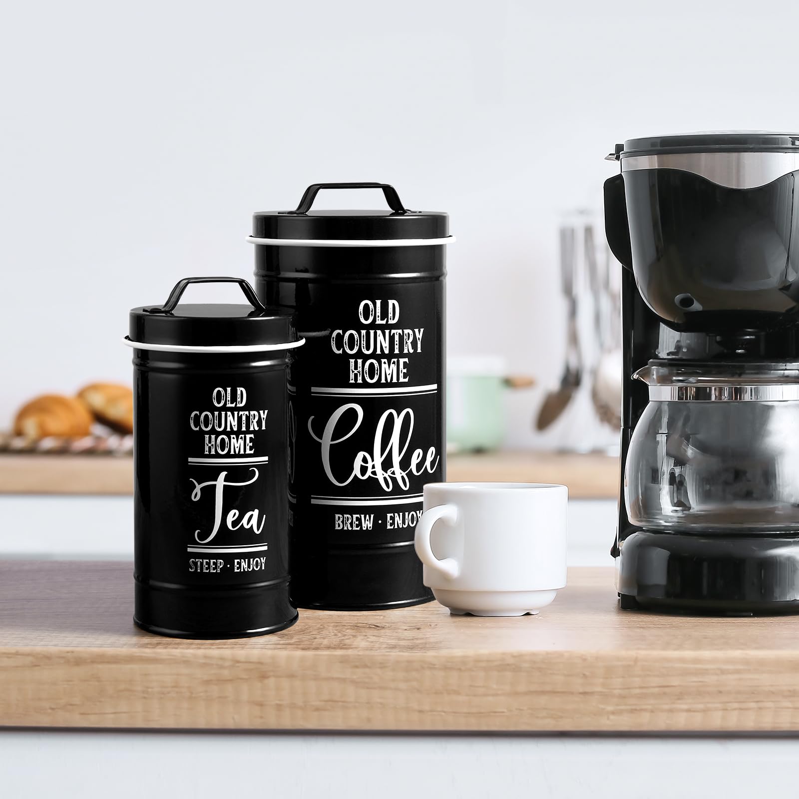 Black Airtight Kitchen Canisters Set of 4 - Flour, Sugar, Tea & Coffee Storage Containers for Countertop, Modern Black Kitchen Decor and Accessories for Baking and Organizing