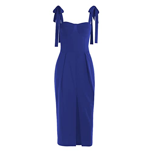Women's Summer Sleeveless High Waist Split Dress - Knotted Shoulder Solid Color Party Dress for Beach, Club, Date Night & Special Occasions