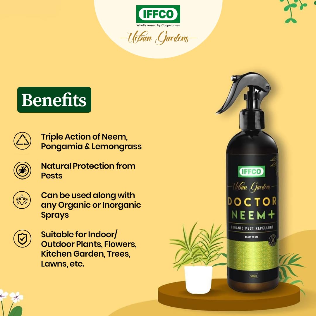 IFFCO Urban Gardens - Doctor Neem+ 500ml Organic Pest Control Spray - 3-in-1 Neem, Pongamia & Lemongrass Oil Formula - Kills Mealy Bugs & Fungus - Safe for Indoor & Outdoor Plants - Perfect for Home Gardens, Potted Plants & Greenhouses