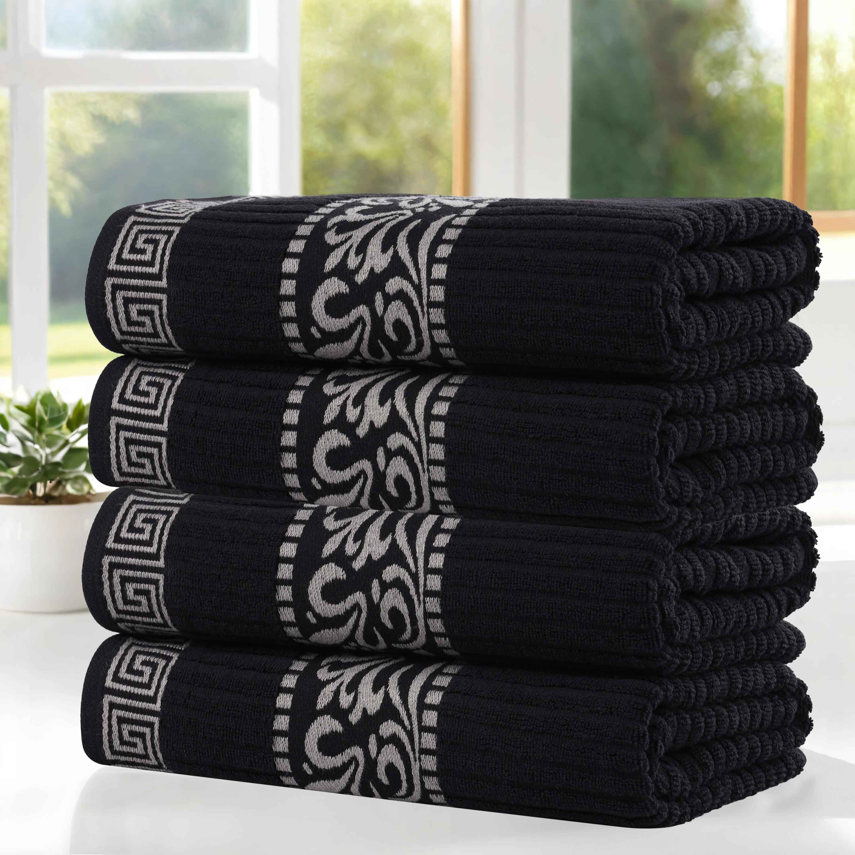 Premium Athens Cotton Greek Scroll & Floral 4-Piece Bath Towel Set - Soft & Absorbent for Spa, Bathroom & Guest Room Decor