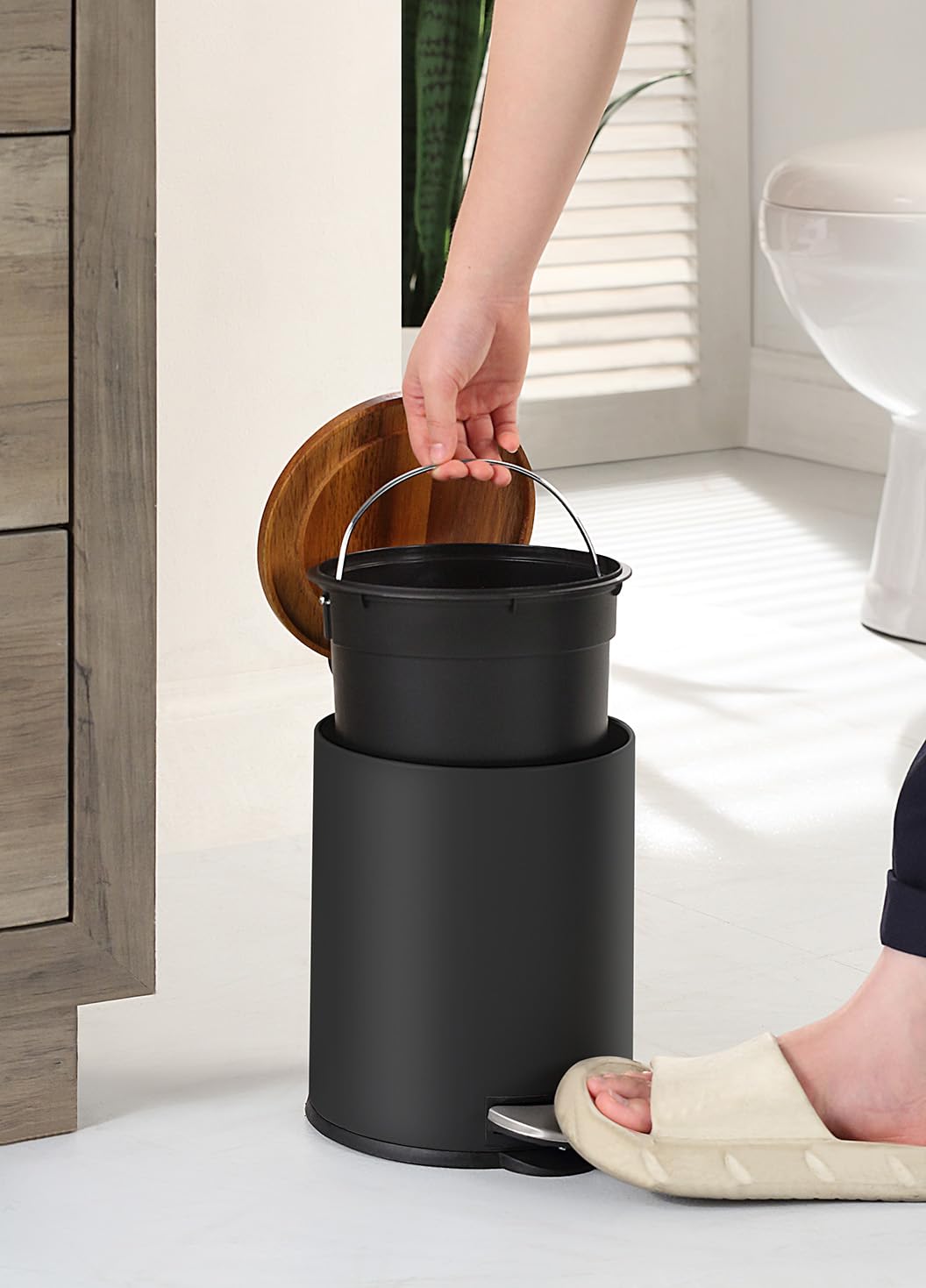 SunnyPoint 3L Mini Trash Can with Wooden Lid - Step Pedal & Slow-Close Small Garbage Bin for Bathroom, Office, Kitchen, RV - Removable Inner Bucket (Black) | Perfect for Small Spaces, Home Decor & Waste Management
