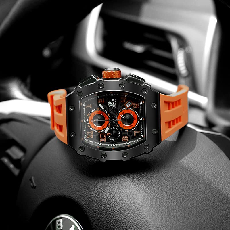 TSAR BOMBA Luxury Men's Watch - 50M Waterproof Tonneau Chronograph with Japanese Quartz Movement & Silicone Band - Perfect for Business, Casual & Outdoor Activities - Ideal Gift for Men