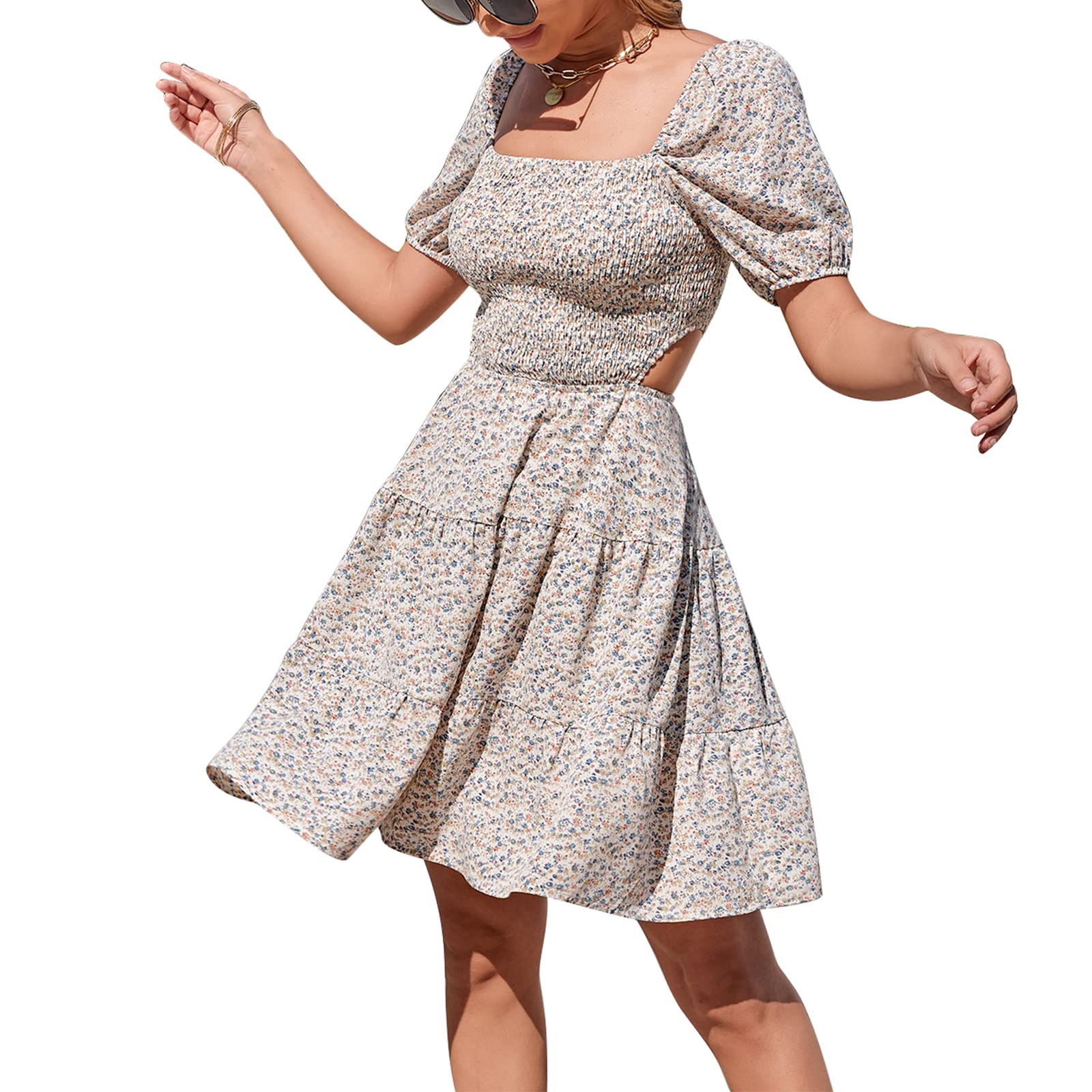 Byinns Women's Sweetheart Neckline Smocked Mini Dress - Flowy Puff Sleeve Ruffle Dress for Wedding Guest, Party, Date Night & Special Occasions
