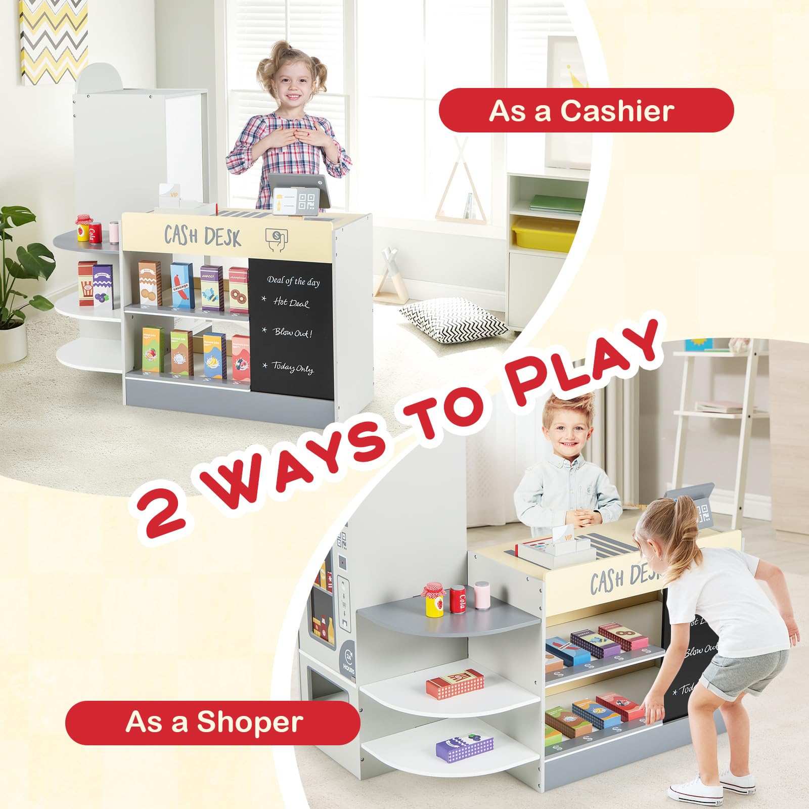 GLACER Wooden Kids Grocery Store Pretend Play Set with 15 Accessories - Cash Register, POS System, Vending Machine & Chalkboard - Educational Toy for Toddlers Ages 3-8 - Perfect Gift for Boys & Girls - Ideal for Role Play, Preschool Learning & Family Fun