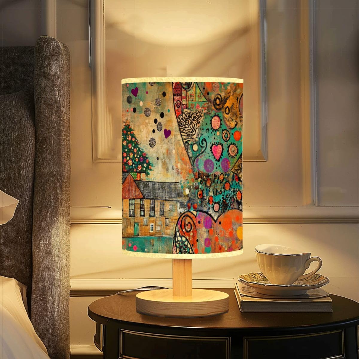 Farmhouse Table Lamp with Geometric Patterns & Linen Shade - Dimmable Bedside Nightstand Lamp for Bedroom, Living Room & Office - Rustic Wood Base Home Decor Gift Idea