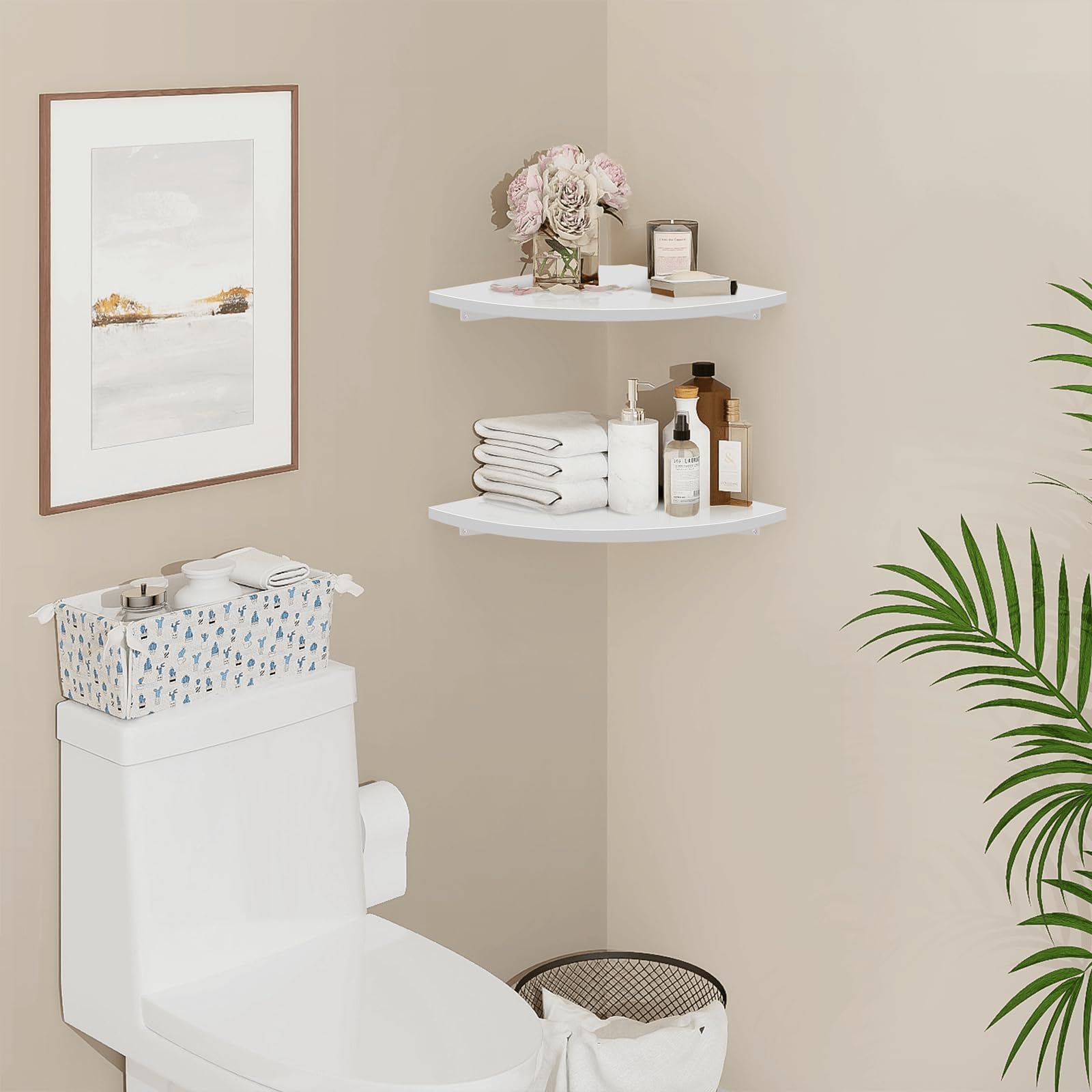 Homode 12-inch Wide Rounded Corner Wall Shelf Set of 2 - White Floating Wooden Shelves with Wire Hole for Bathroom, Living Room & Office - Perfect for Small Spaces, Plant Display & Home Decor Organization