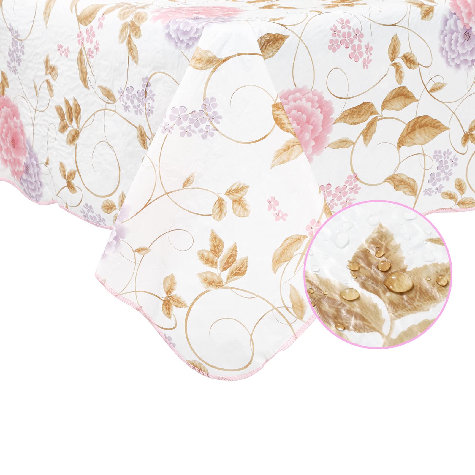 Jeloris Floral Waterproof Oil-Proof Tablecloth - Wipeable PVC Table Cover with Flannel Backing for Dining, Restaurant, Picnic, Camping & Party - 60 Inch Round Peony Design - Perfect for Indoor & Outdoor Gatherings