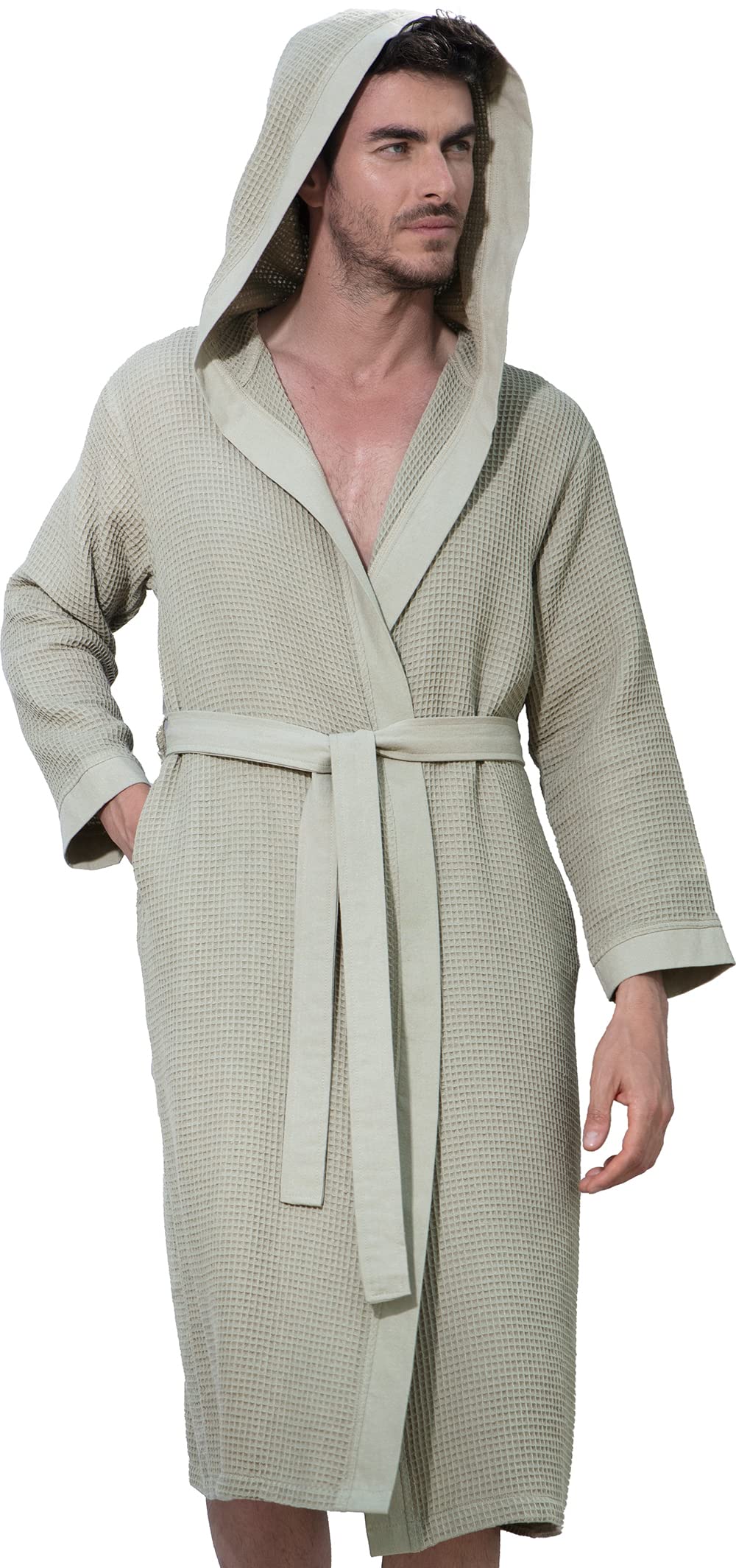 SEYANTE Men's Lightweight Cotton Waffle Weave Robe with Hood - Ultra Soft Full Length Bathrobe for Spa, Sleepwear & Lounge Wear - Perfect for Relaxing at Home, After Shower & Self Care Moments
