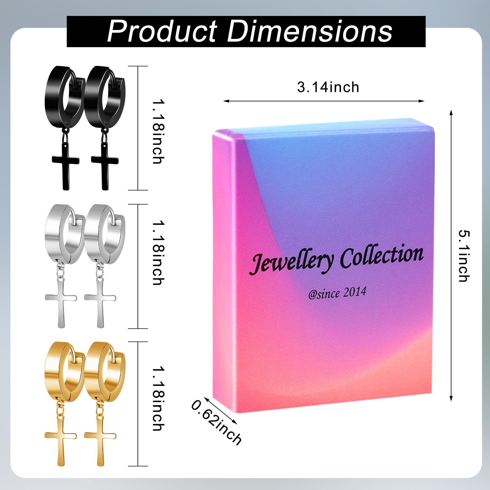 21 Pairs Stainless Steel Hypoallergenic Earrings Set for Men & Women - Cross Dangle, Hoop, CZ Stud & Huggie Earrings in Black & Gold - Perfect for Daily Wear, Gifts & Ear Piercing Jewelry