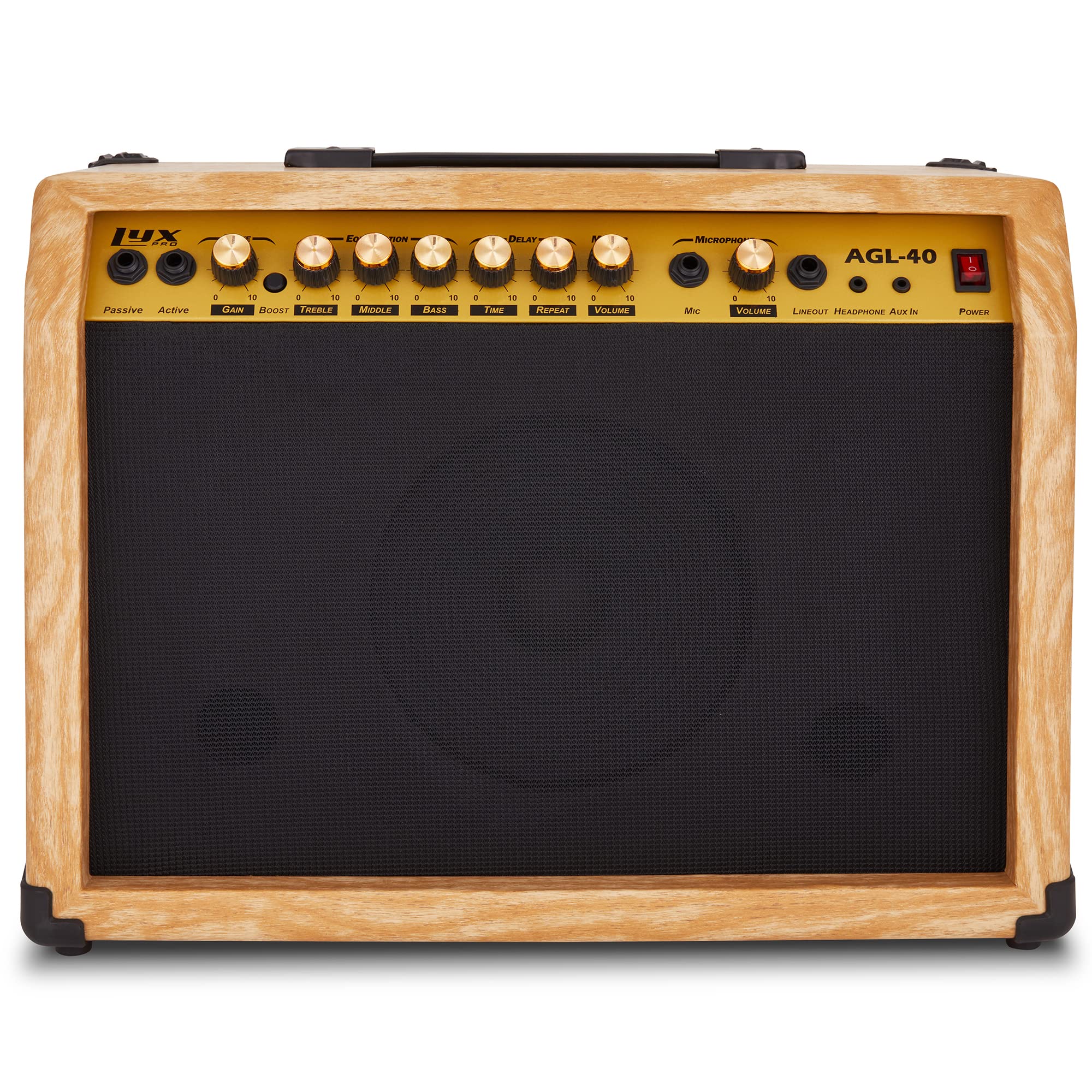 LyxPro 40 Watt Electric Guitar Amplifier - Solid State Studio Amp with 8” 4-Ohm Speaker, Custom EQ, Drive & Delay Effects, ¼” Inputs for Passive/Active/Microphone, Aux & Headphone Jack - Natural Finish | Perfect for Home Practice, Studio Recording & Live Performances