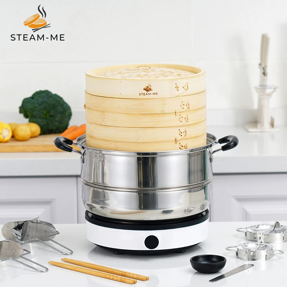 10 Inch Bamboo Steamer Basket with Steamer Ring - Perfect for Dumplings, Bao Buns, Dim Sum & More - Includes 2 Dumpling Molds, 40 Liners & Accessories - Ideal for Asian Cooking, Home Kitchen & Healthy Meal Prep
