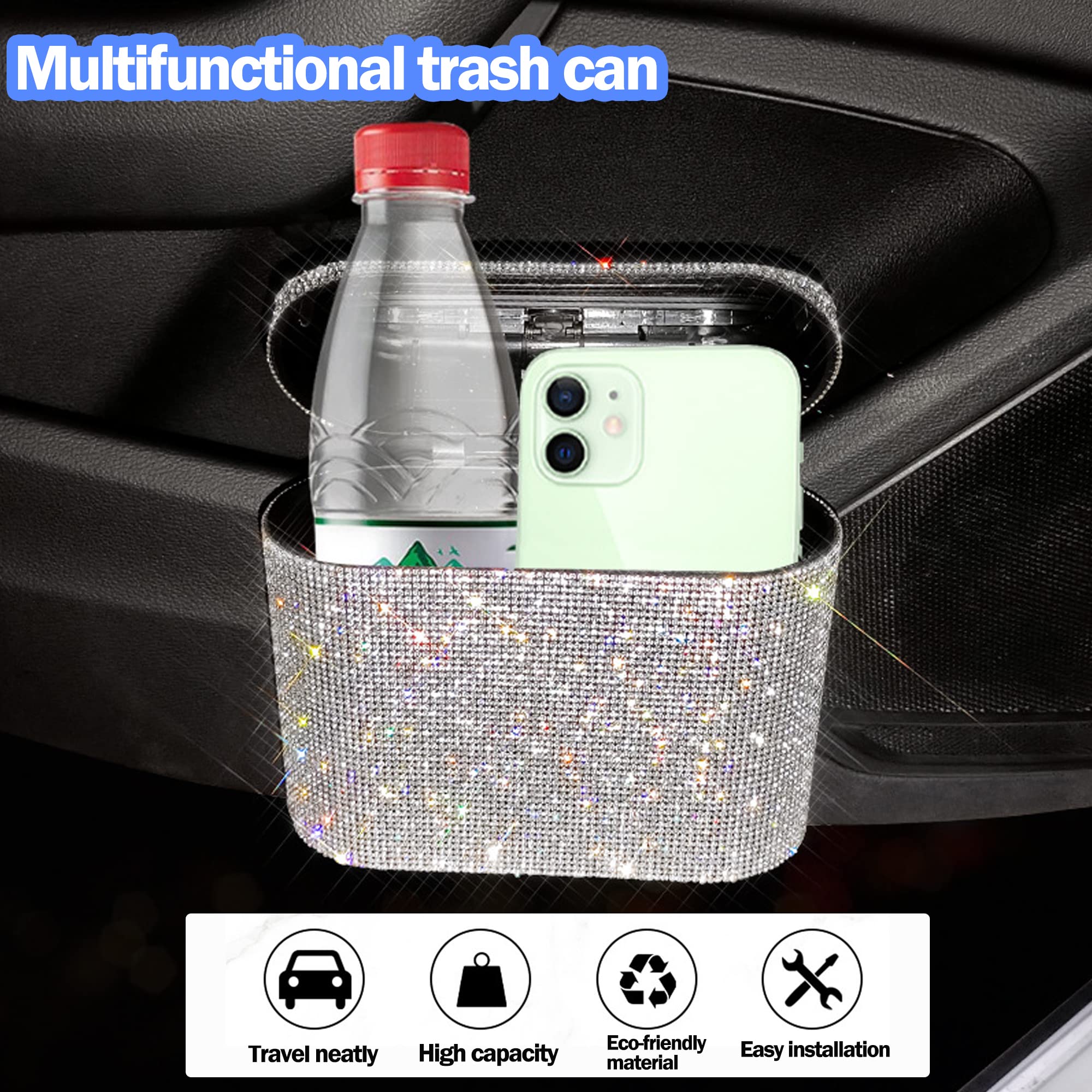 Luxury Car Trash Can with Lid - Hanging Leakproof Car Garbage Bin, Shiny Rhinestone Storage Organizer for Vehicle, Home & Office - Perfect for Road Trips, Daily Commute & Workspace Organization