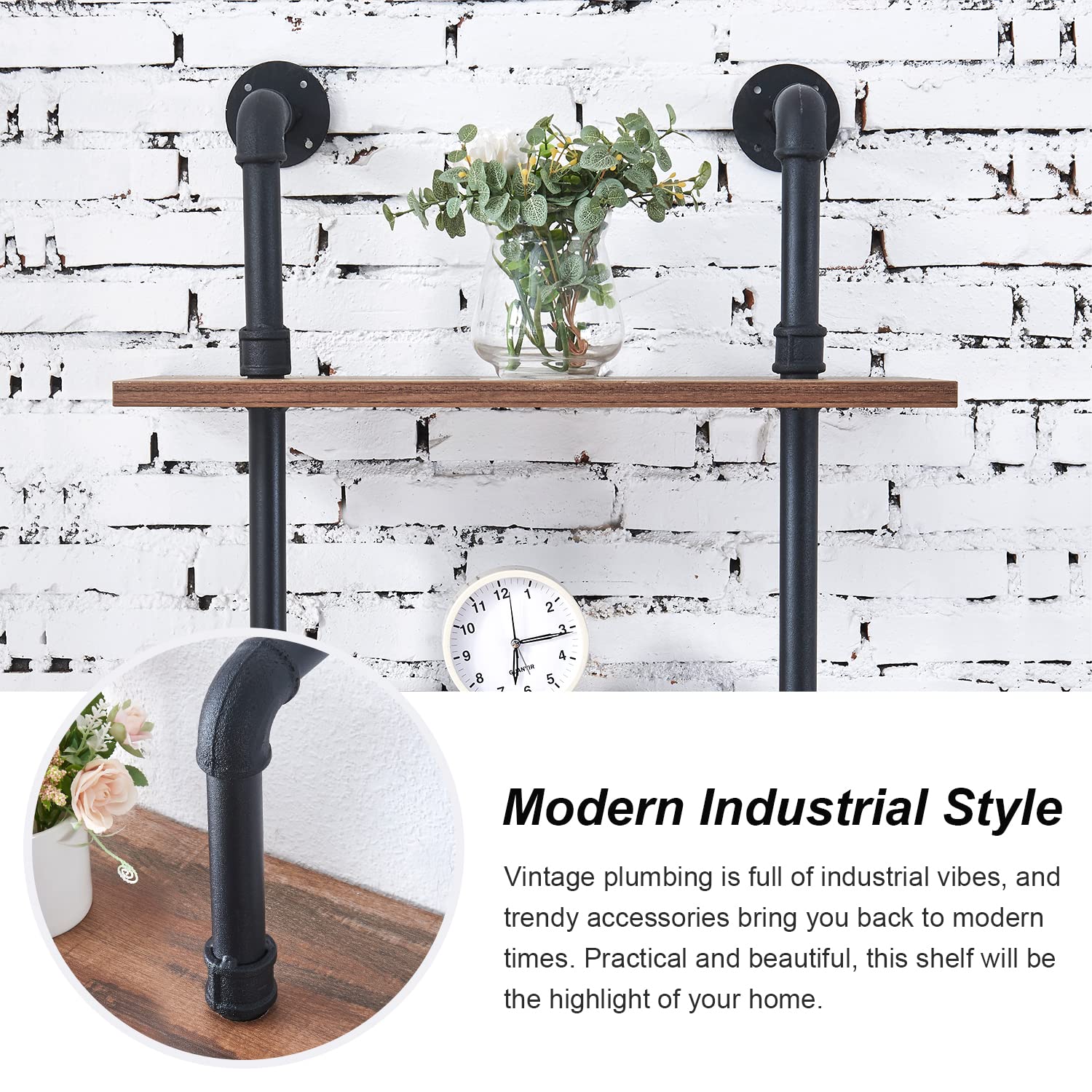 HOMBAZAAR 7-Tier Industrial Pipe Bookshelf - Wall Mounted Ladder Shelf with Sturdy Metal Frame for Home Office & Living Room - Rustic Oak Brown - Perfect for Small Spaces, Book Storage & Home Decor