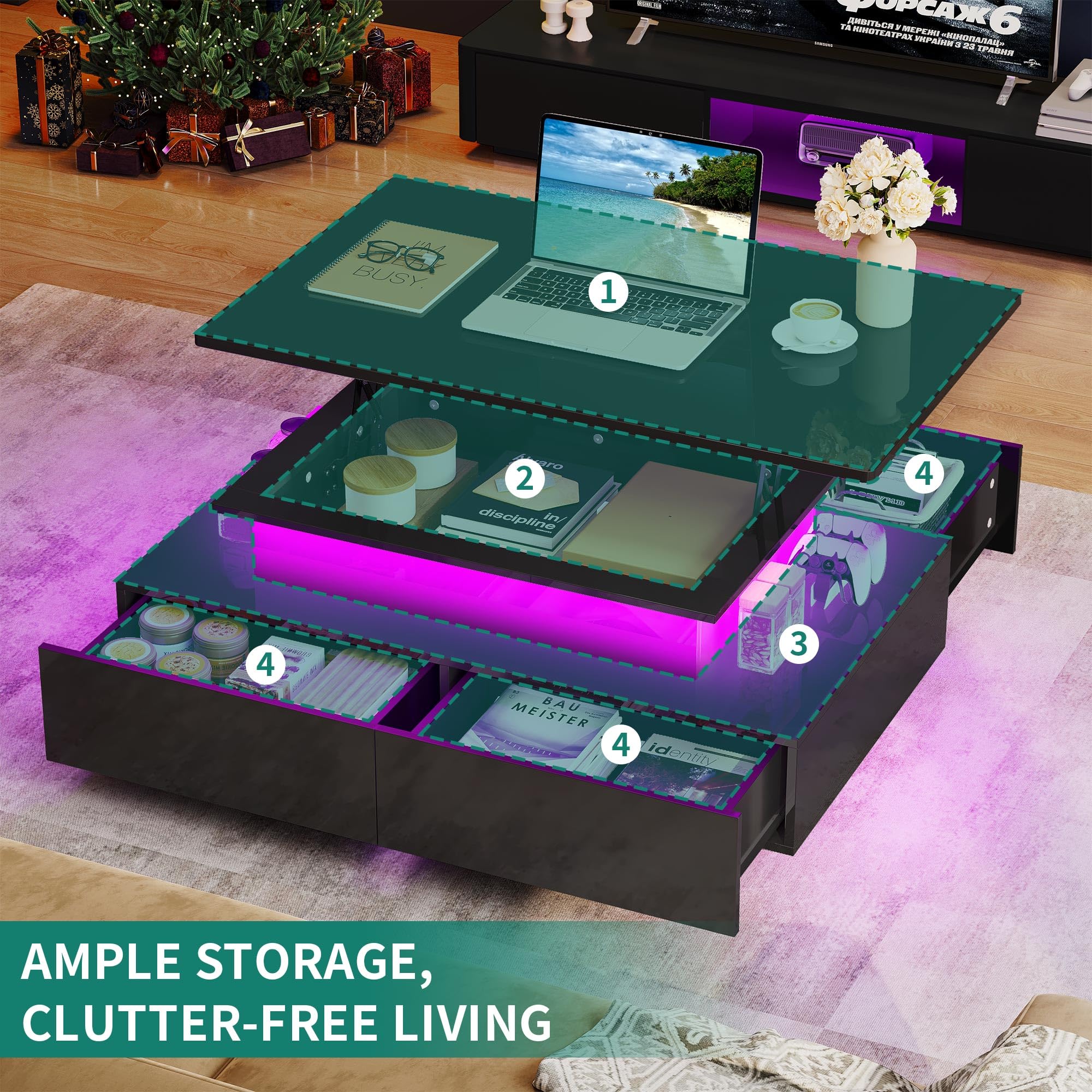 YITAHOME Lift Top Coffee Table with Storage & LED Lights - Modern Rectangular Living Room Table with 4 Spacious Drawers - Perfect for Small Spaces, Home Office & Entertainment Areas (Black)