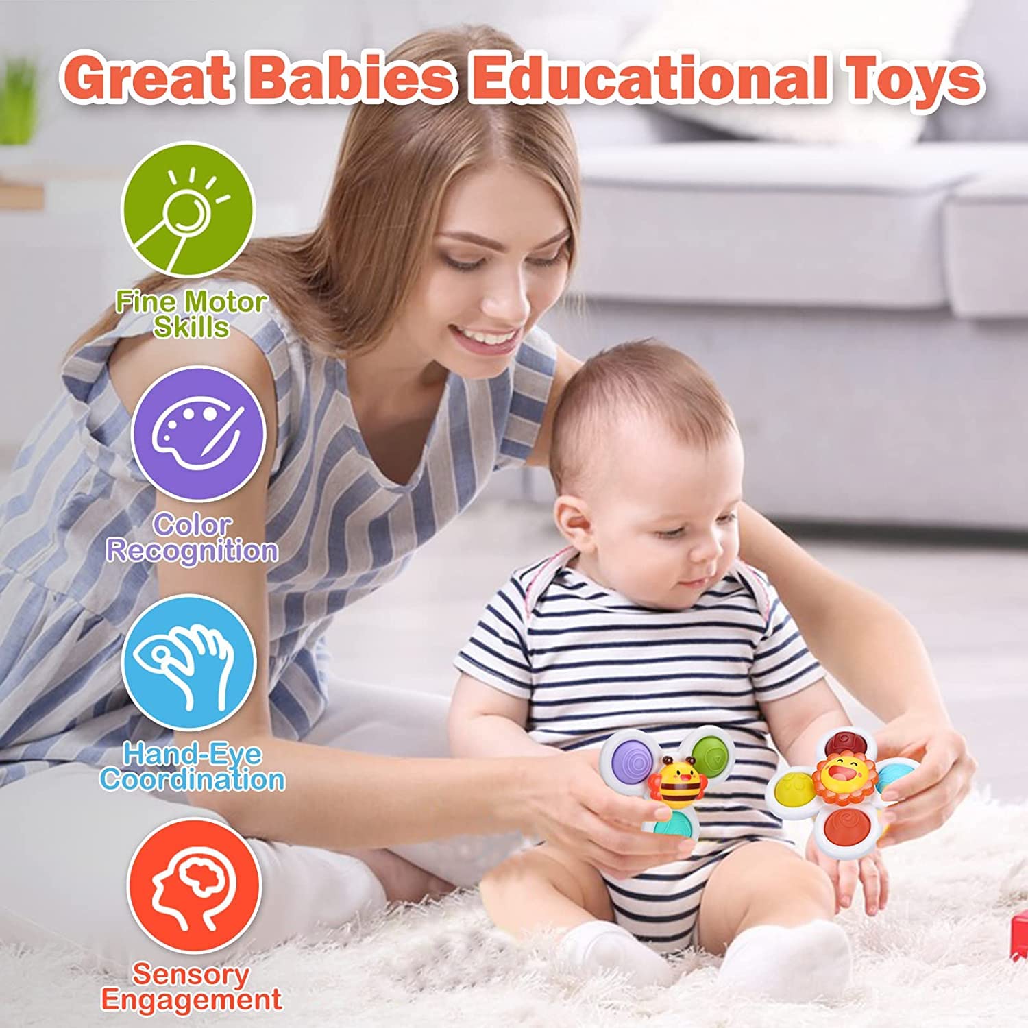 3 Pack Suction Cup Spinner Toys - Stress Relief Fidget Toys for Babies & Kids - Bubble Sensory Rotation Fun for Bath Time, Travel, Restaurants & Parties