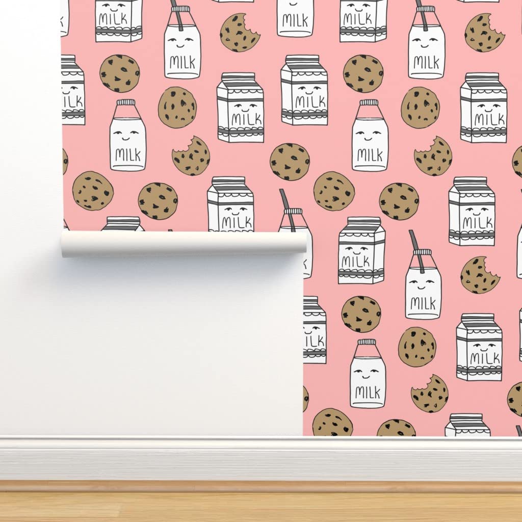 Premium Commercial Grade Wallpaper Roll - 27ft x 2ft Milk Cookies Midnight Food Pattern, Pink Nursery Wallpaper for Baby Girls Room, Cute Traditional Design by Spoonflower | Perfect for Kids Bedroom, Playroom & Nursery Decor