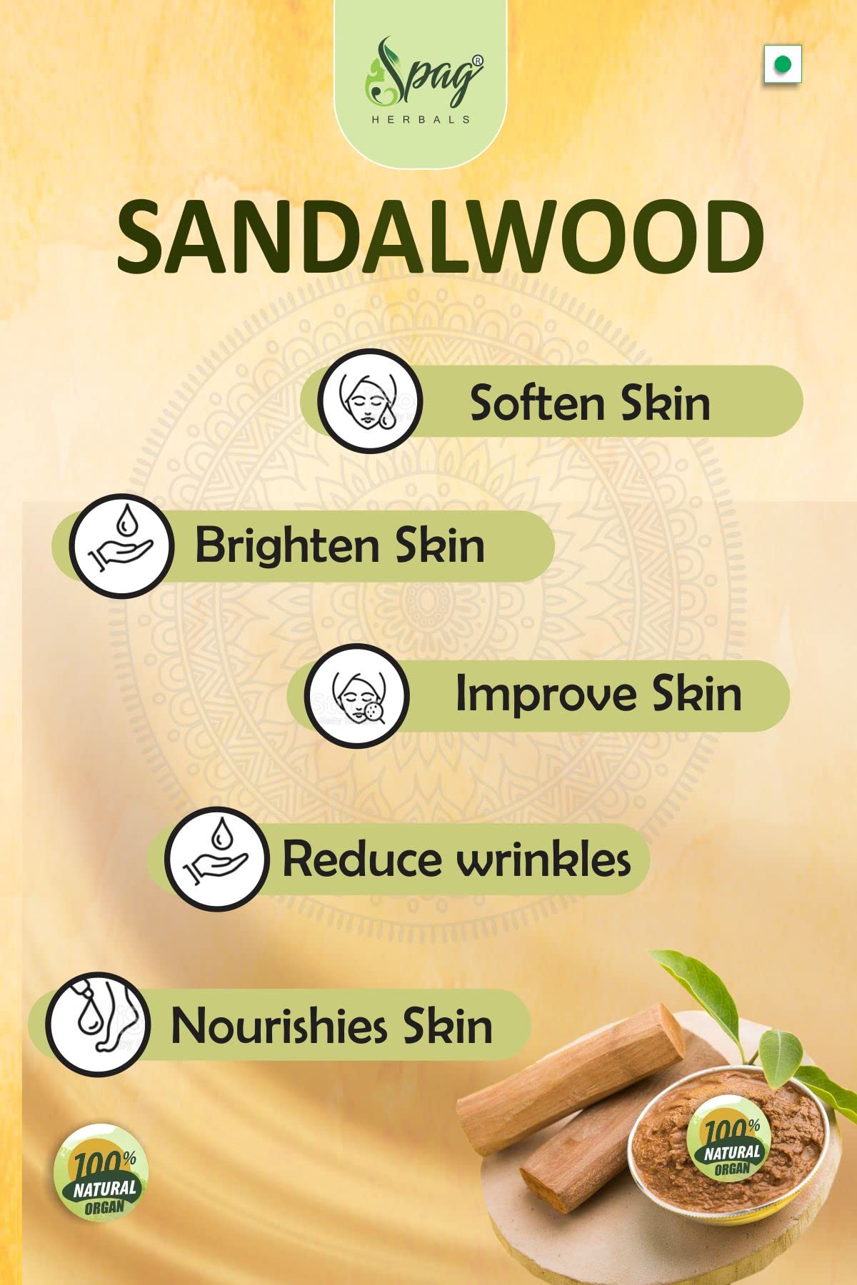 Spag Herbals Sandalwood Chandan Glowing Skin & Face Pack Powder 125g - Natural Ayurvedic Facial Treatment for Brightening & Anti-Aging | Perfect for Daily Skincare Routine & Spa Days