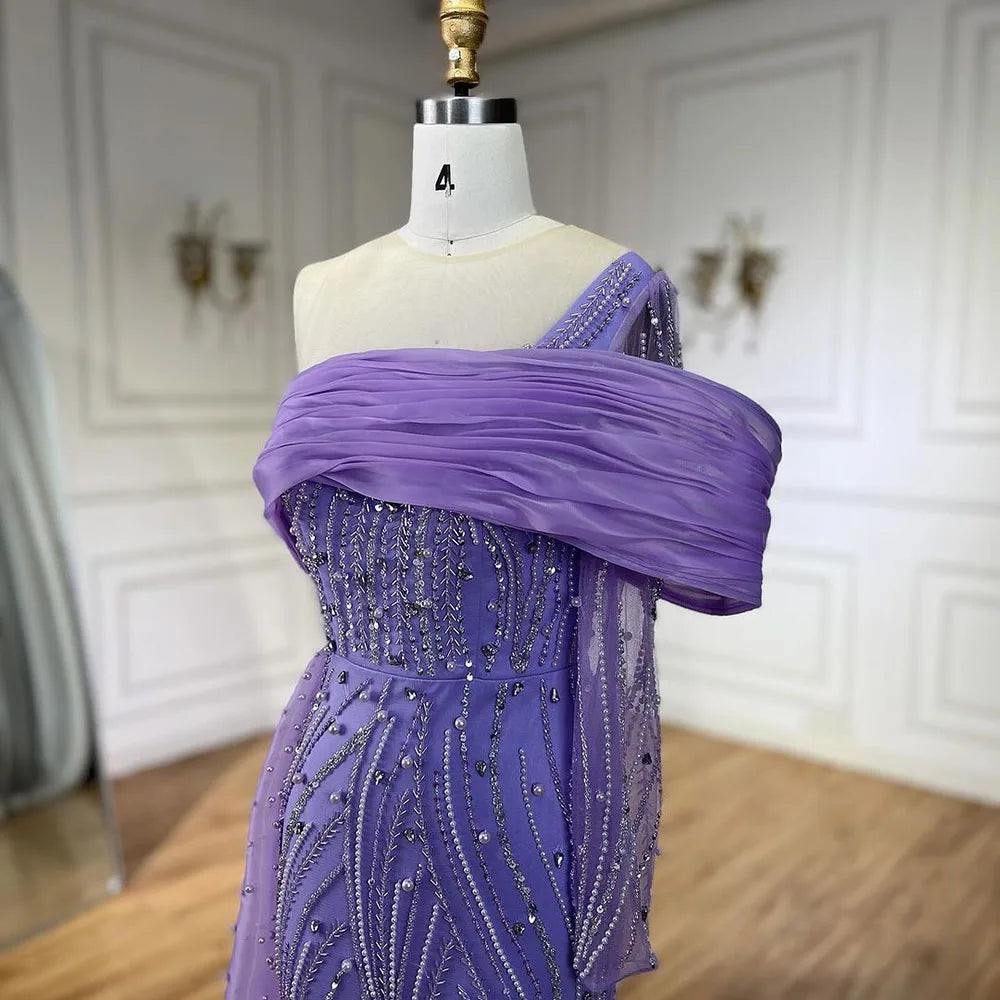 Elegant Purple Arabic Evening Dress with Side Train & Pearls - One Shoulder Formal Gown for Women | Perfect for Prom, Wedding & Special Occasions | 2025 LA72332A