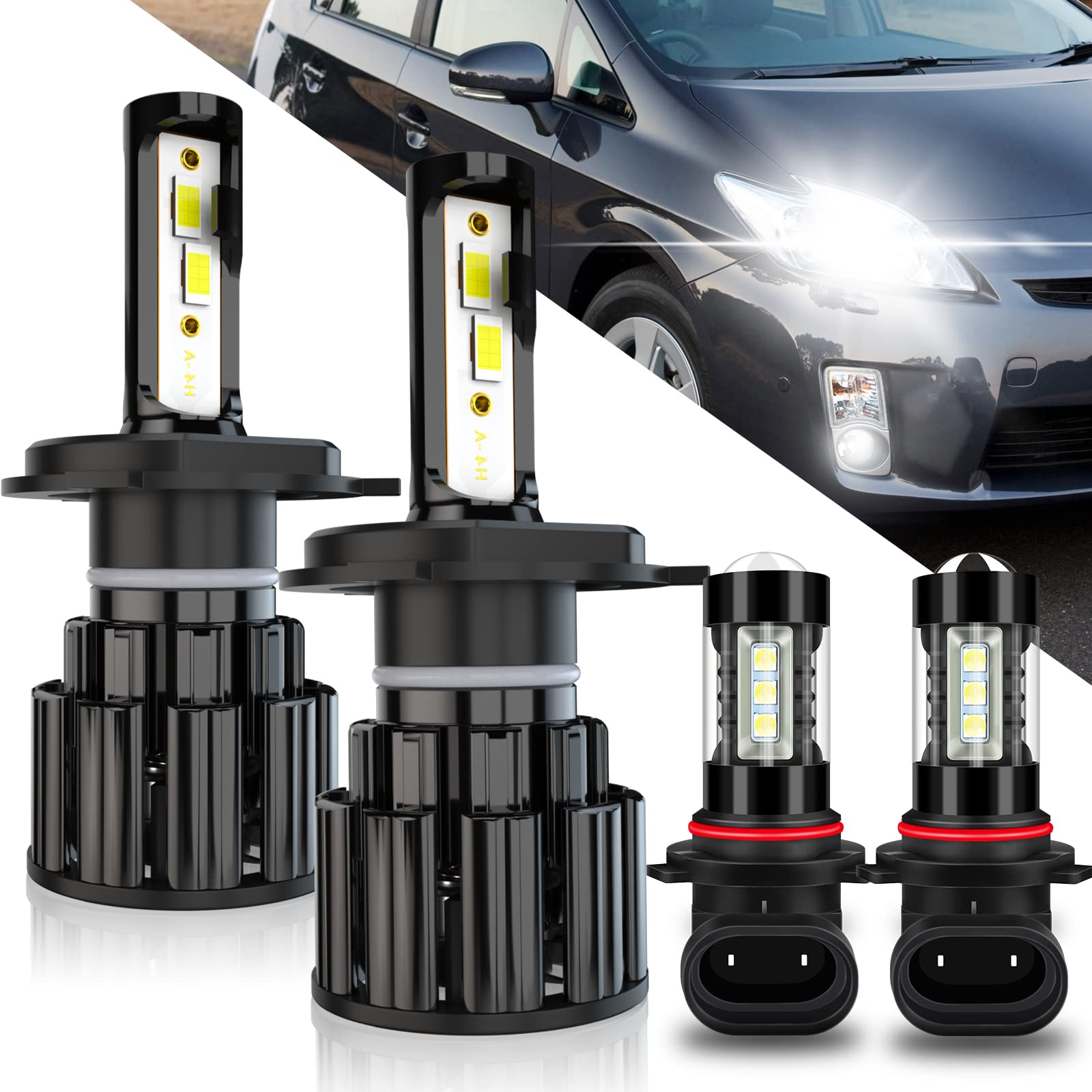 2004-2009 Toyota Prius LED Headlight Bulbs - H4 9006 High Low Beam & Fog Light Combo - 60W 10000LM 6000K White Super Bright LED Bulbs with CSP Chips - Plug & Play - Pack of 4 - Perfect for Night Driving & Enhanced Visibility