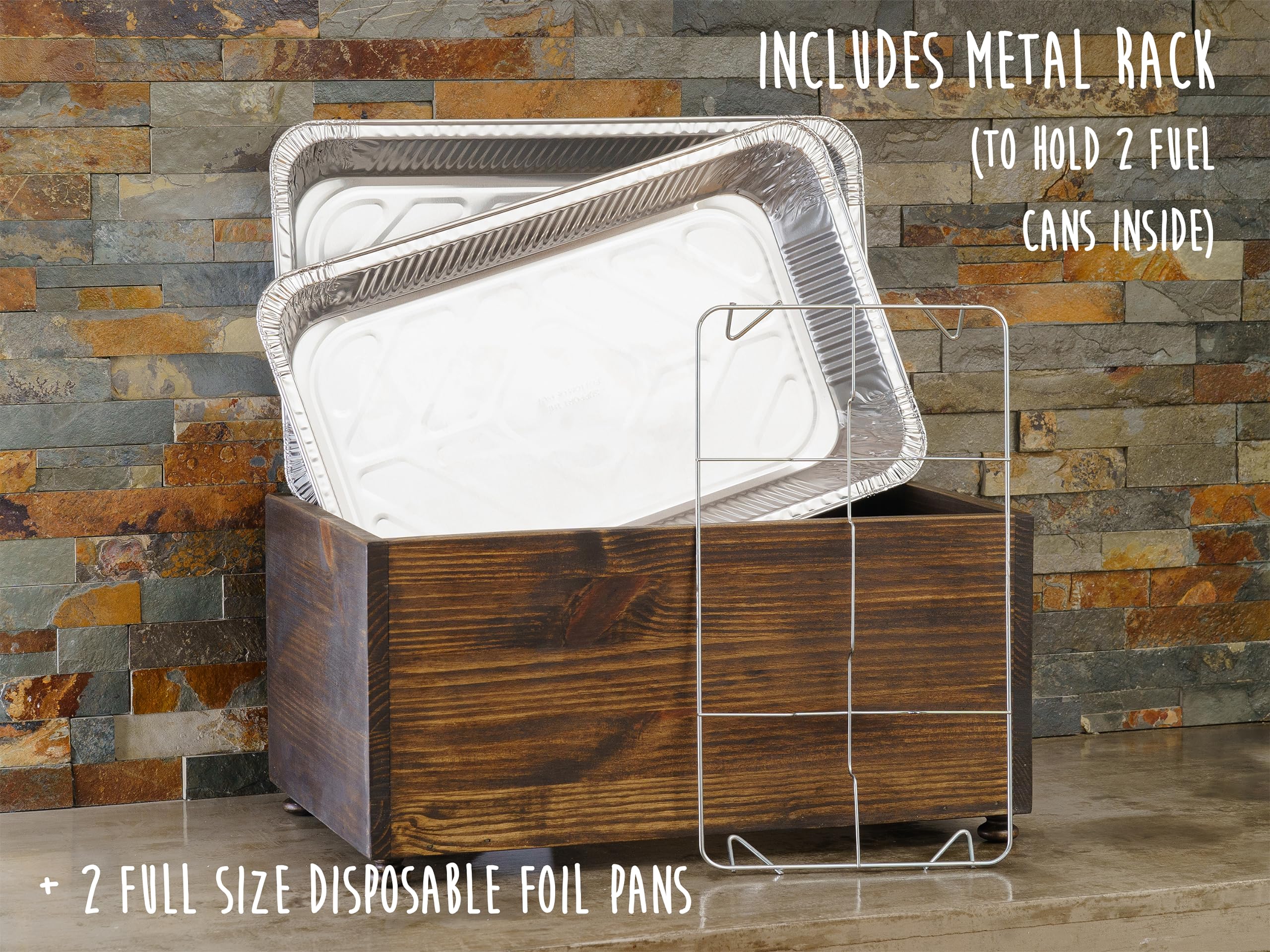 Full Size Wooden Chafing Dish Stand with Disposable Foil Pan Holder - Buffet Serving Rack for Catering, Farmhouse Events & Steam Table Pans - Includes Sterno Fuel Can Storage | Perfect for Weddings, Banquets & Outdoor Parties