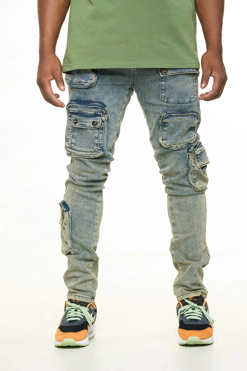 PHEELINGS Lucid Dreams Cargo Skinny Jeans for Women - Medium Blue & Sand Wash Denim Pants | High Waist Stretch Skinny Fit | Casual Wear, Street Style, Everyday Outfits