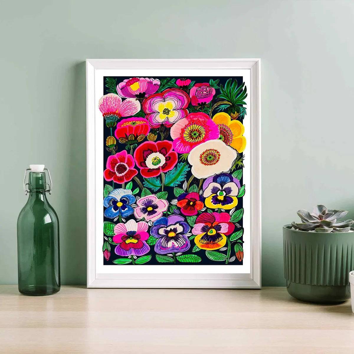 Midnight Pansies and Poppies Wall Art Print - Floral Botanical Painting for Living Room, Bedroom & Office Decor