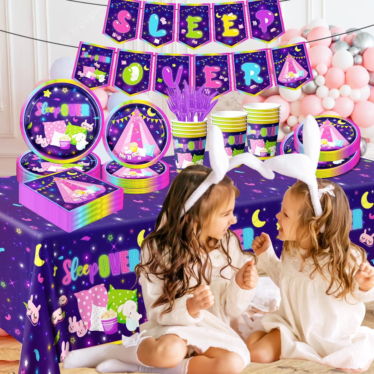 142pcs Slumber Party Decorations Kit - Disposable Plates, Napkins & Plastic Tablecloth for Girls' Sleepover & Pajama Party | Perfect for Birthday Parties, Tent Camping Nights & Teen Sleepovers